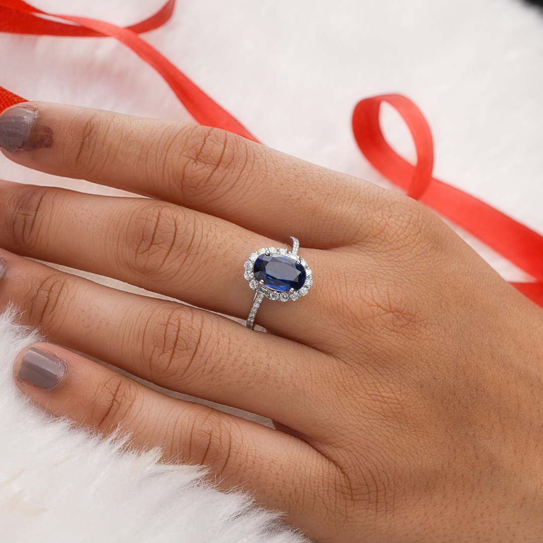 3.96 Tcw Oval Cut Blue Sapphire Round Diamond Halo Gold Wedding Ring