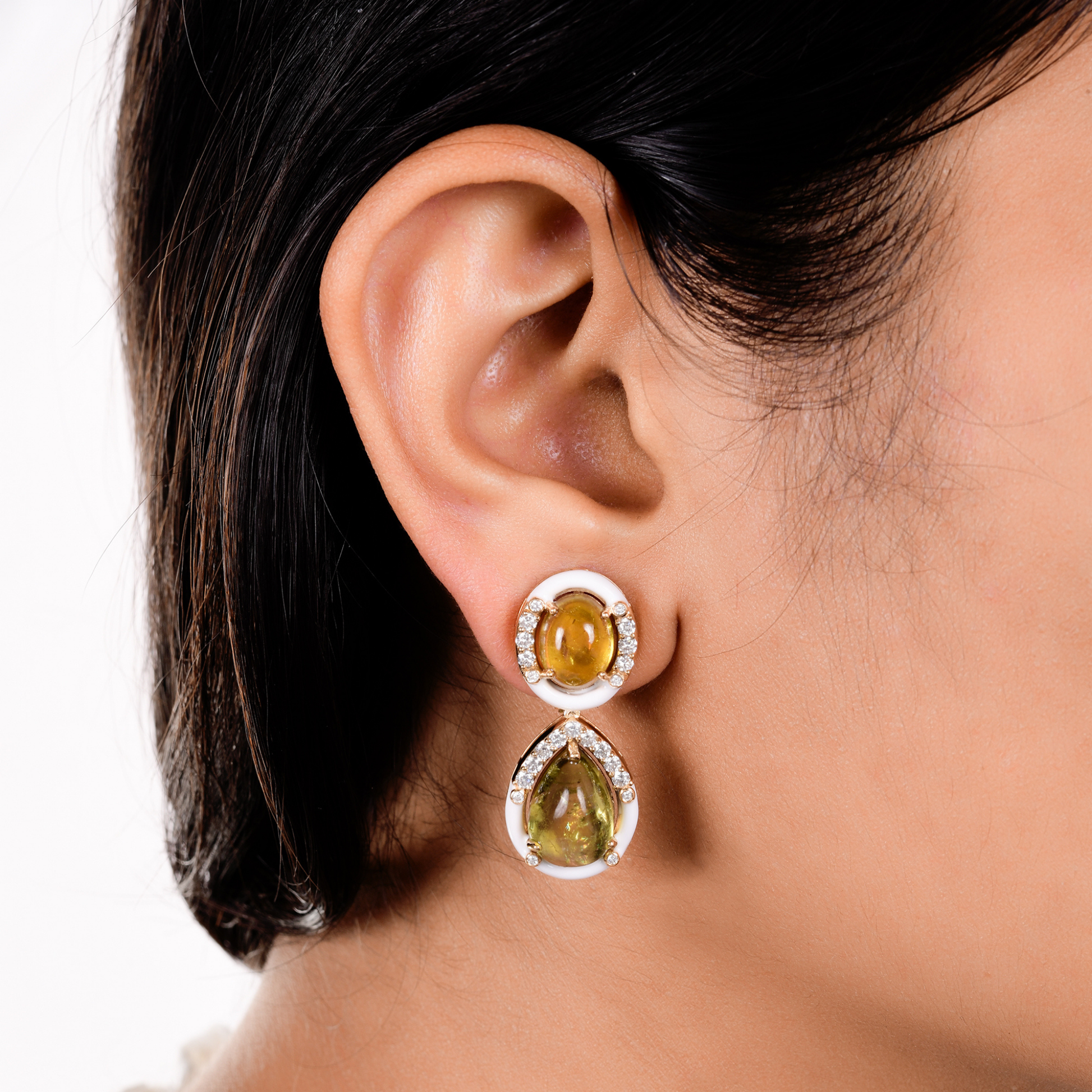 15.78Tcw Certified H/SI Diamond Tourmaline Gold Dangle Drop Earrings in White Enamel