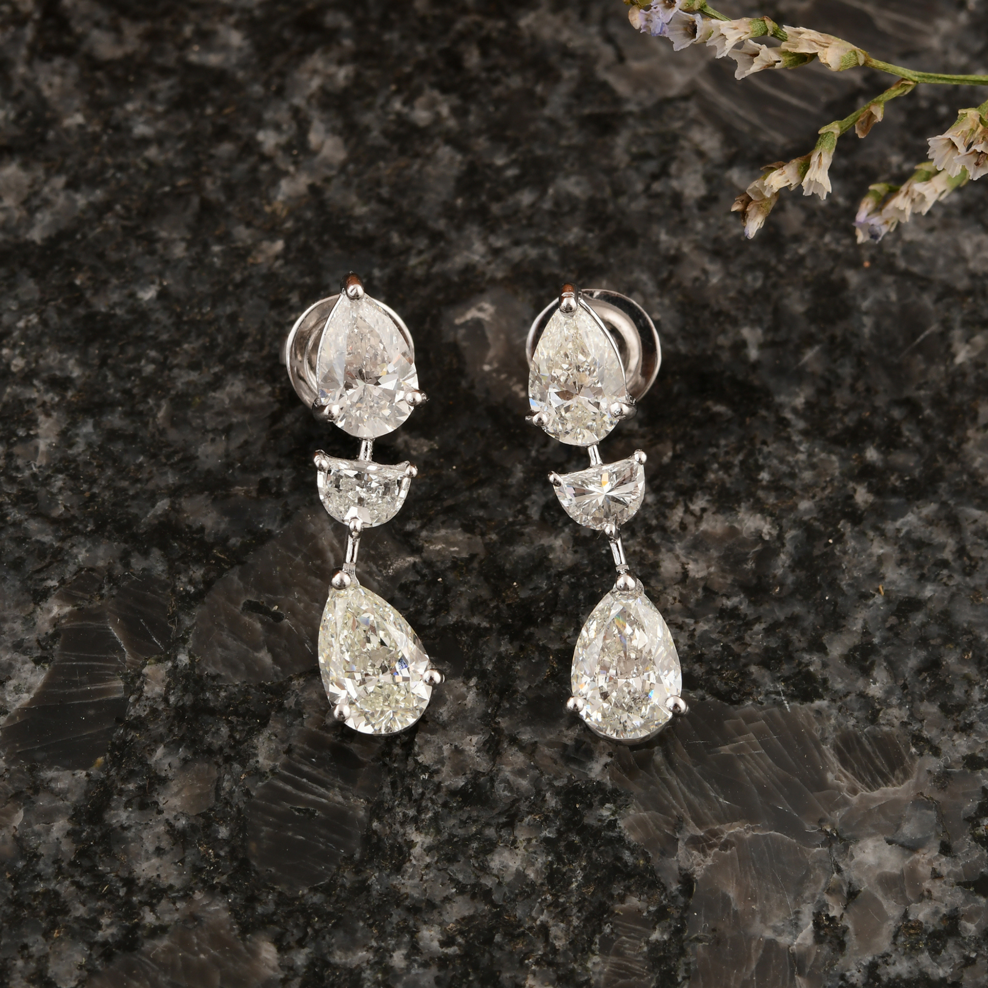 4.06 Carat Triple Drop Teardrop Diamond Minimal Earrings for Her