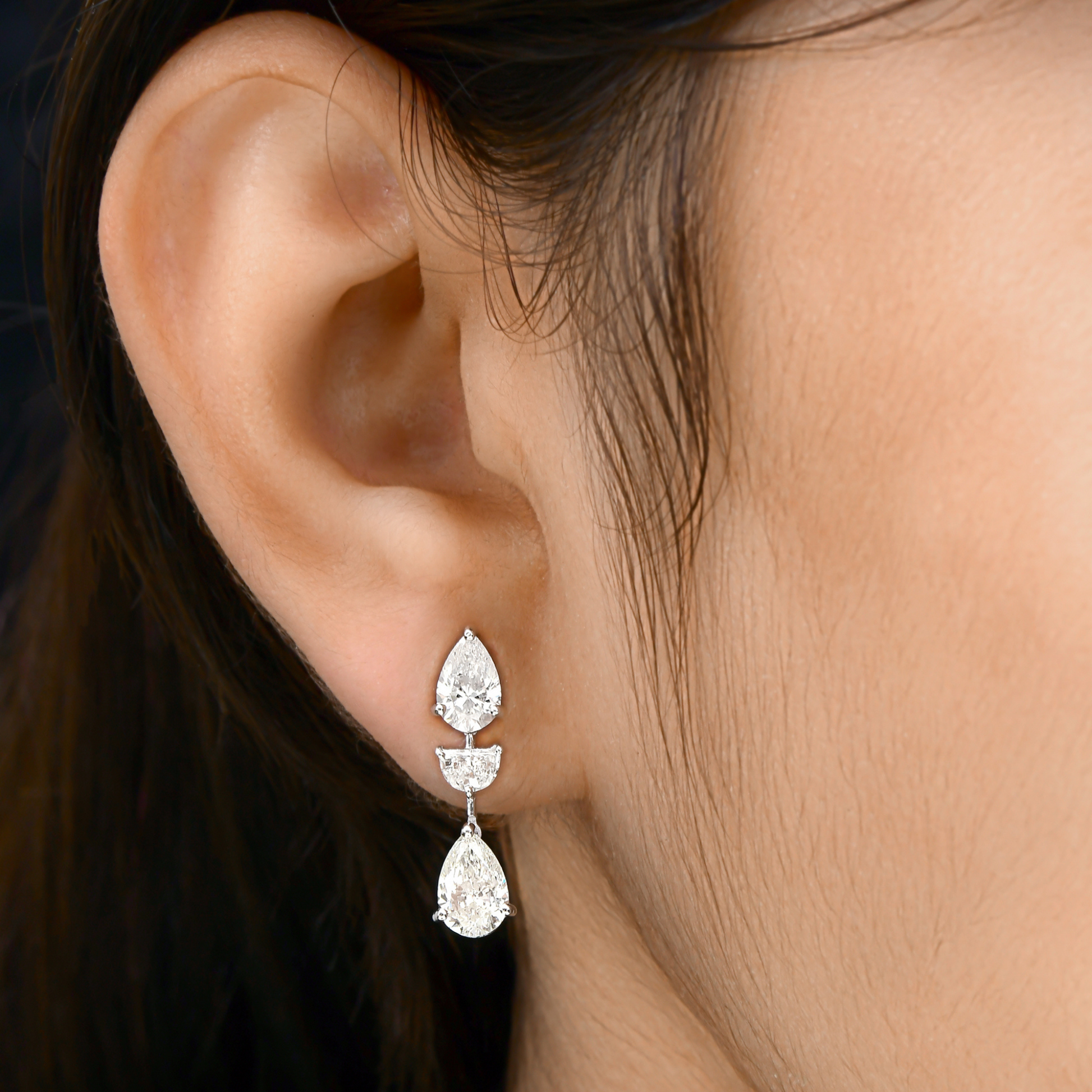 4.06 Carat Triple Drop Teardrop Diamond Minimal Earrings for Her