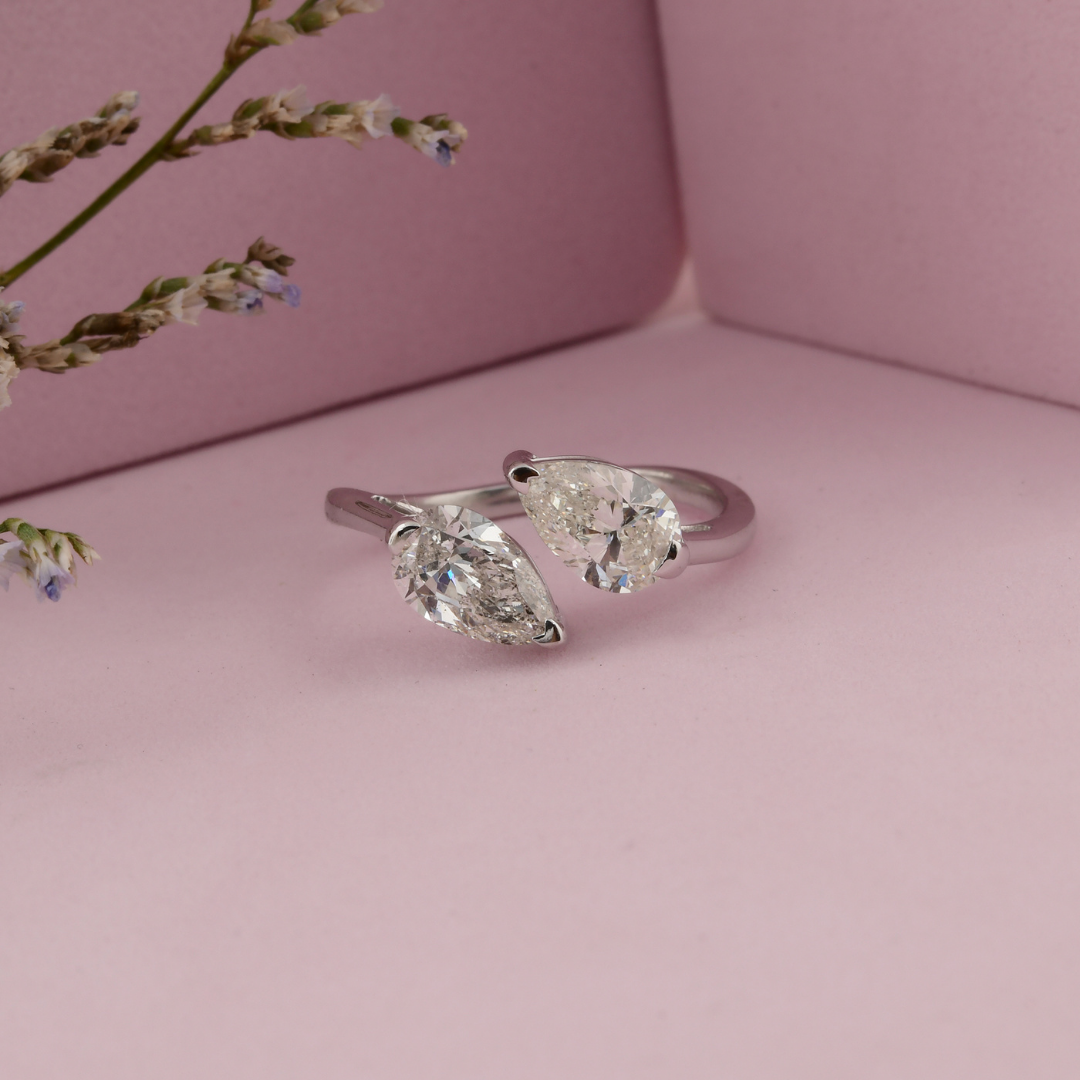 Two Stone 2.00 Carat SI Clarity HI Color Pear Diamond Cuff Ring in Fine Gold