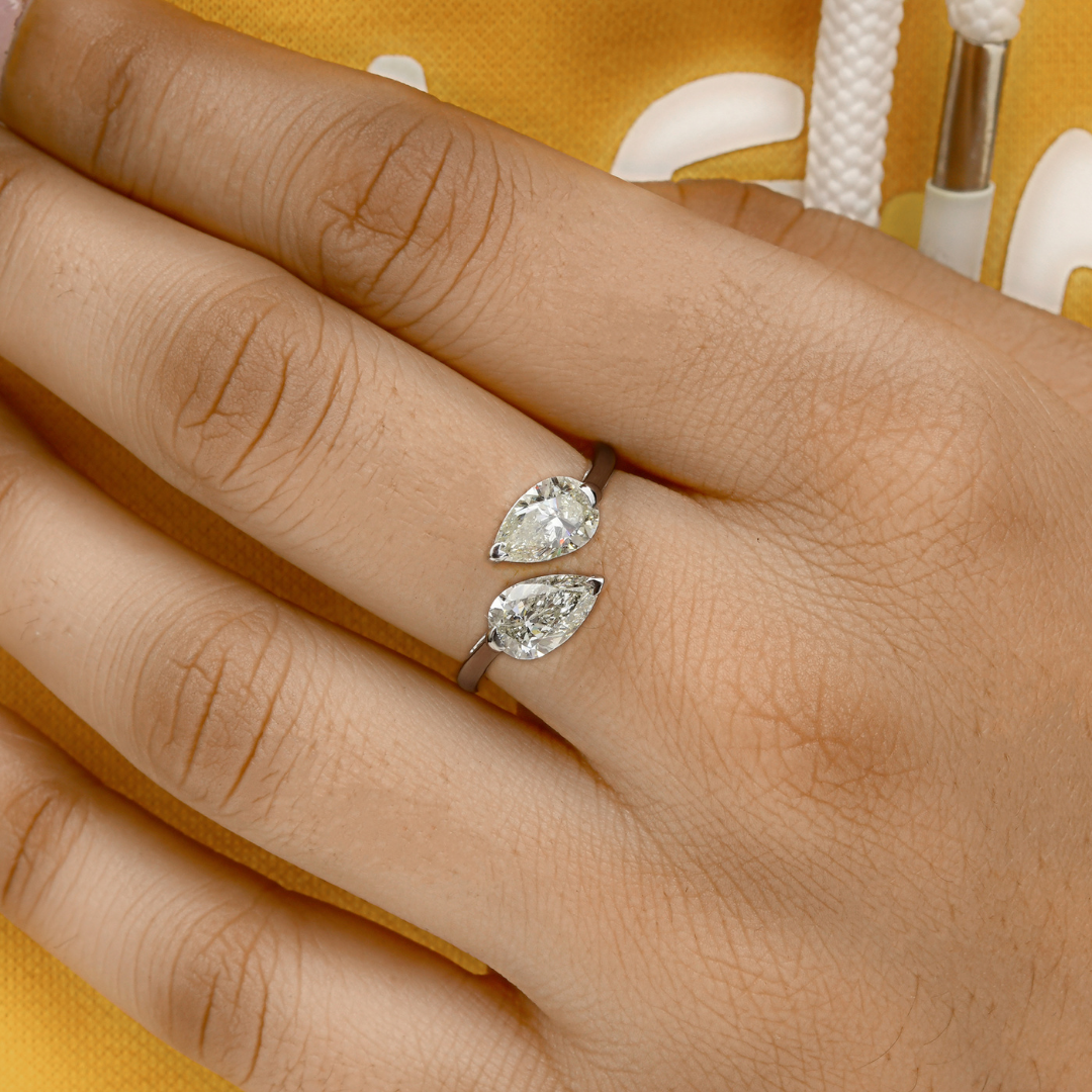 Two Stone 2.00 Carat SI Clarity HI Color Pear Diamond Cuff Ring in Fine Gold