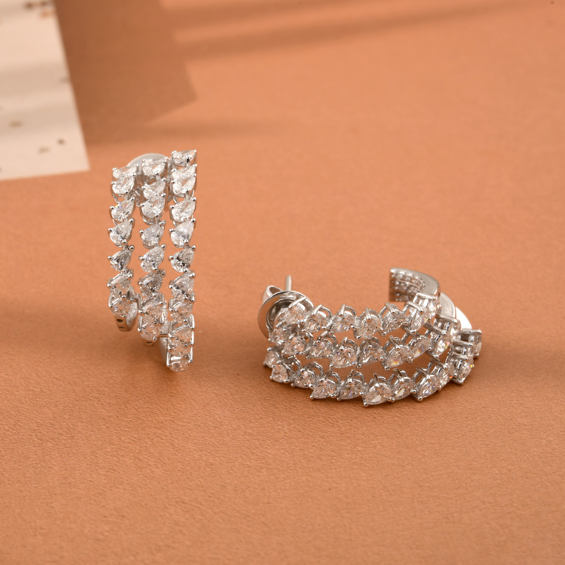 Triple Row 3.51 Carat Sparkling Natural Diamond Push Back C-Huggies Hoop Earrings