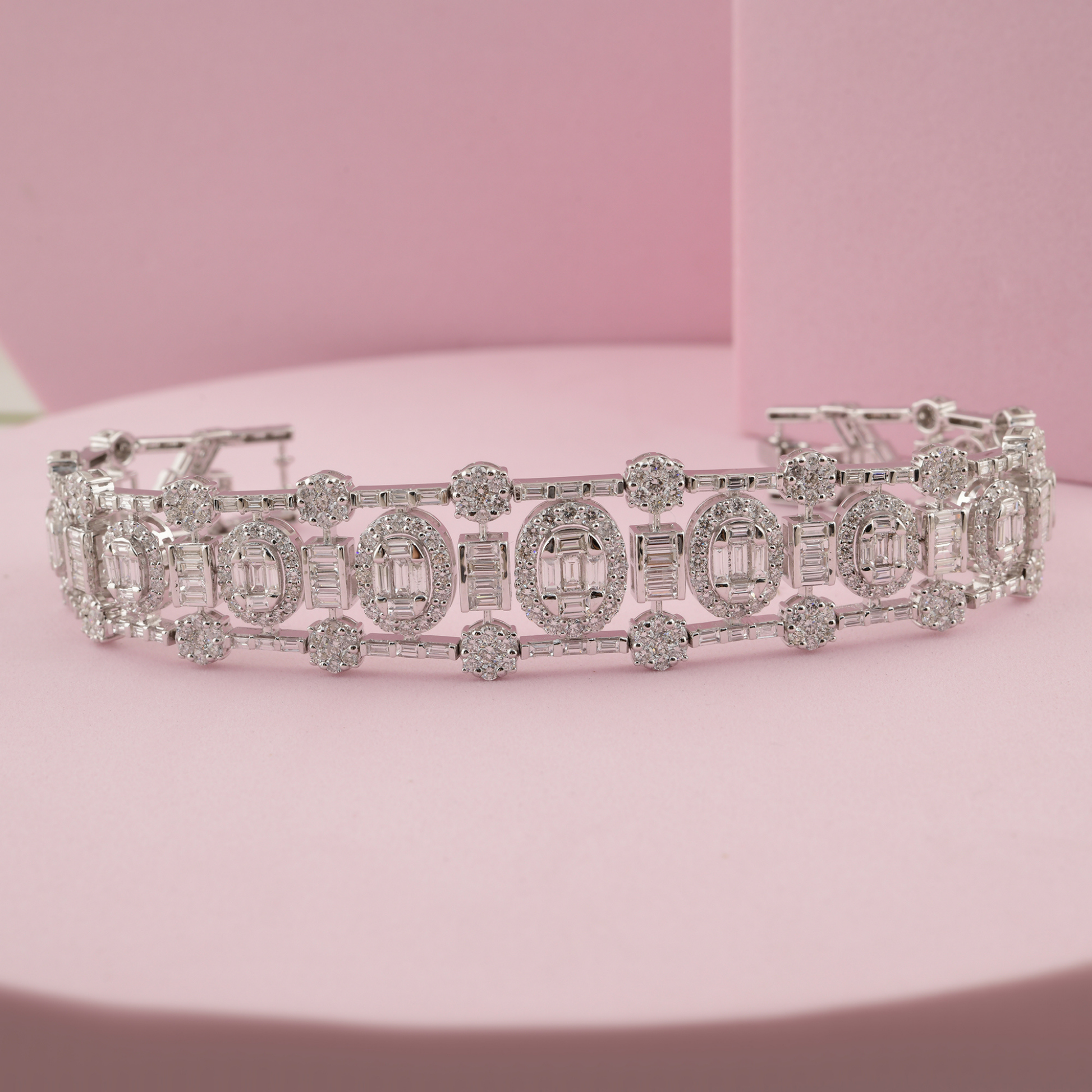 10.12 Carat Natural HI/SI Round Baguette Diamond Charm Bracelet Solid Gold