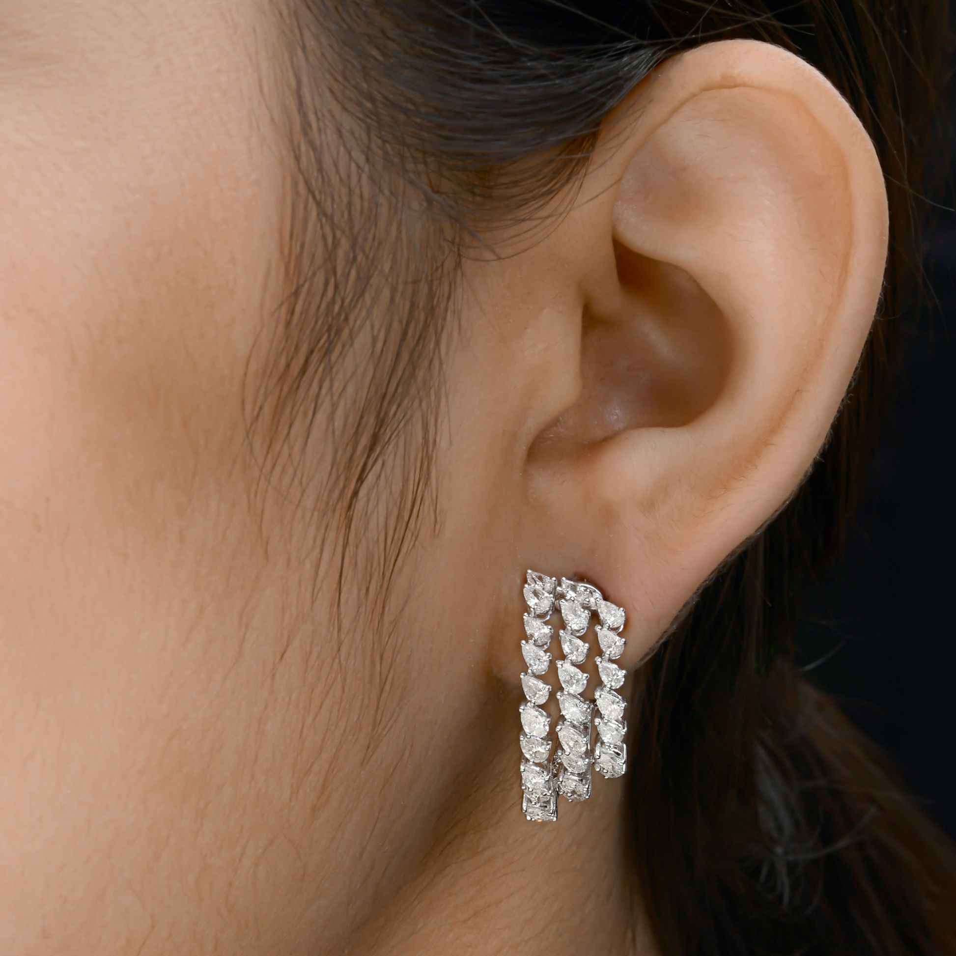 Triple Row 3.51 Carat Sparkling Natural Diamond Push Back C-Huggies Hoop Earrings