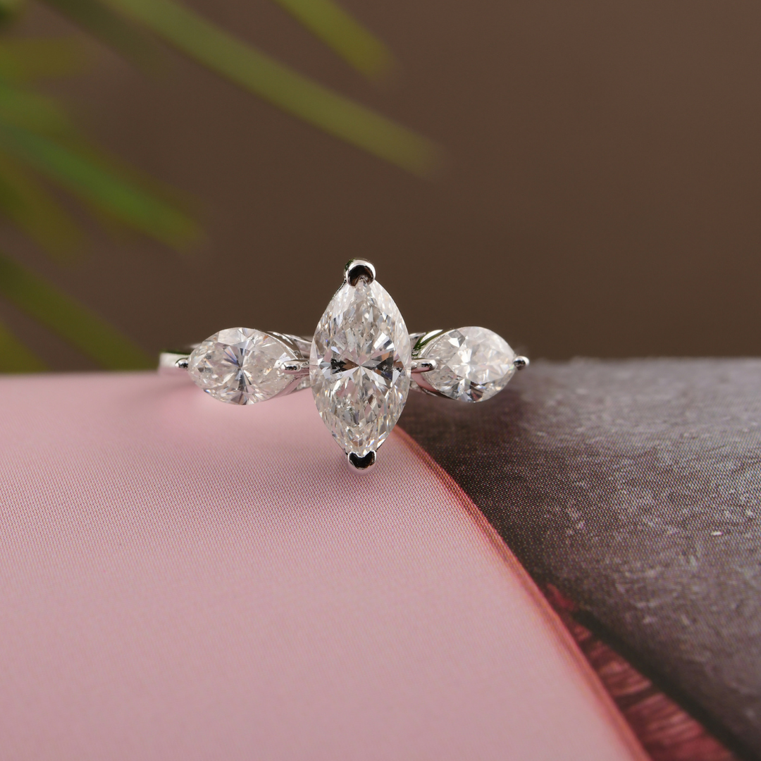 1.83 Carat HI Color SI Clarity Marquise Diamond Three Stone Band Ring