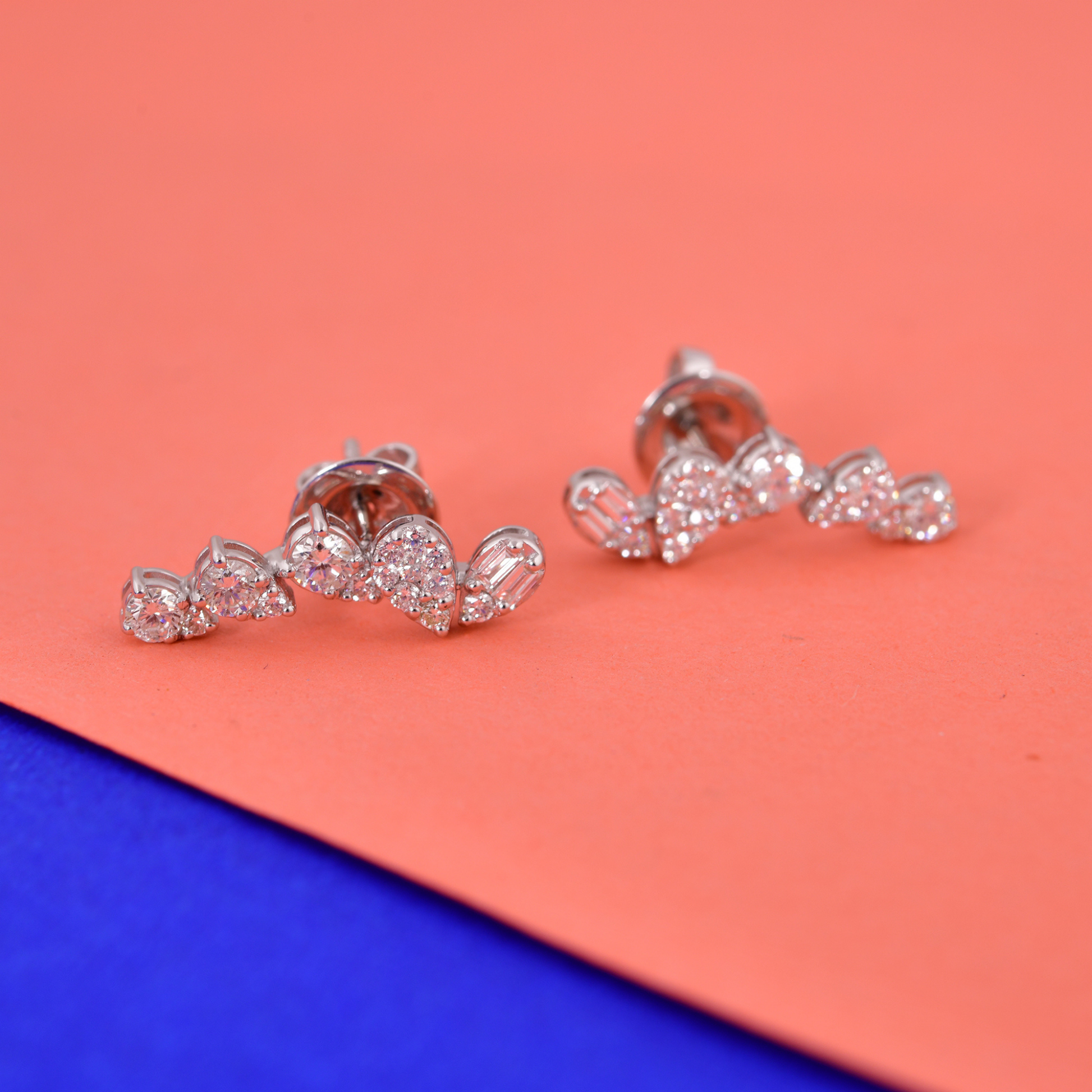 Minimalist Multi Shape Natural Diamond Climber Gold Stud Earrings
