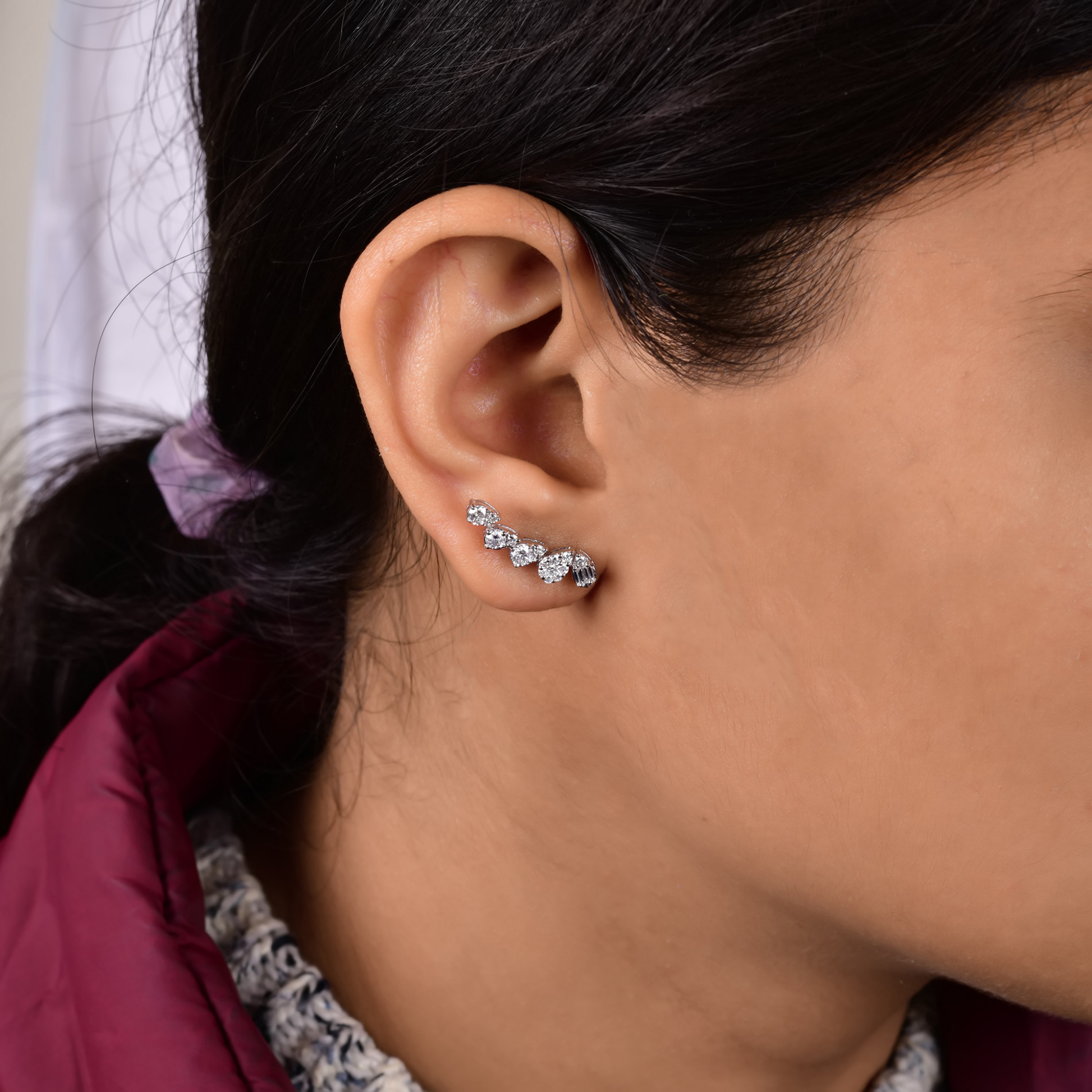 Minimalist Multi Shape Natural Diamond Climber Gold Stud Earrings