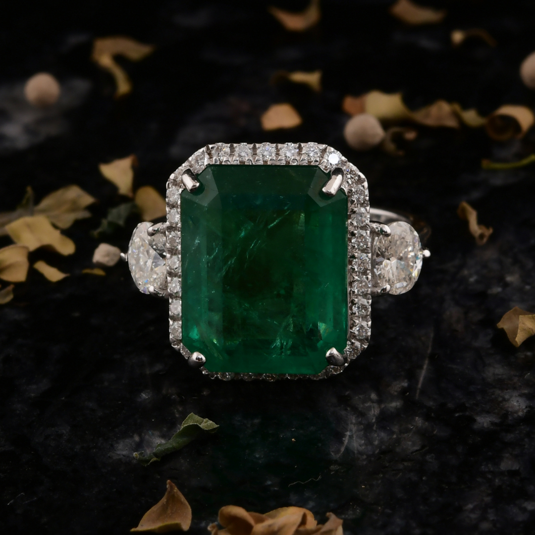 8.36 Tcw Natural SI/HI Diamond Zambian Emerald Gold Engagement Ring