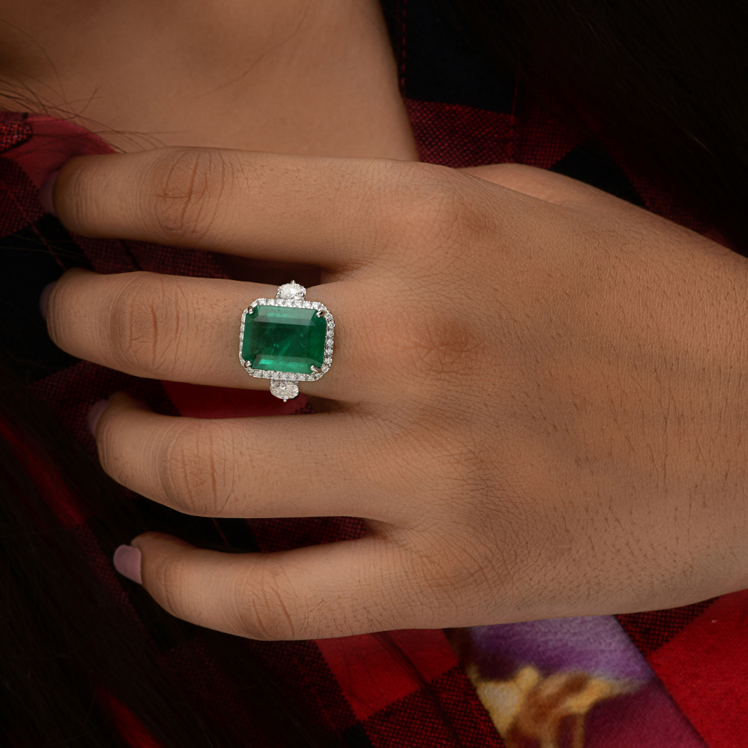 8.36 Tcw Natural SI/HI Diamond Zambian Emerald Gold Engagement Ring