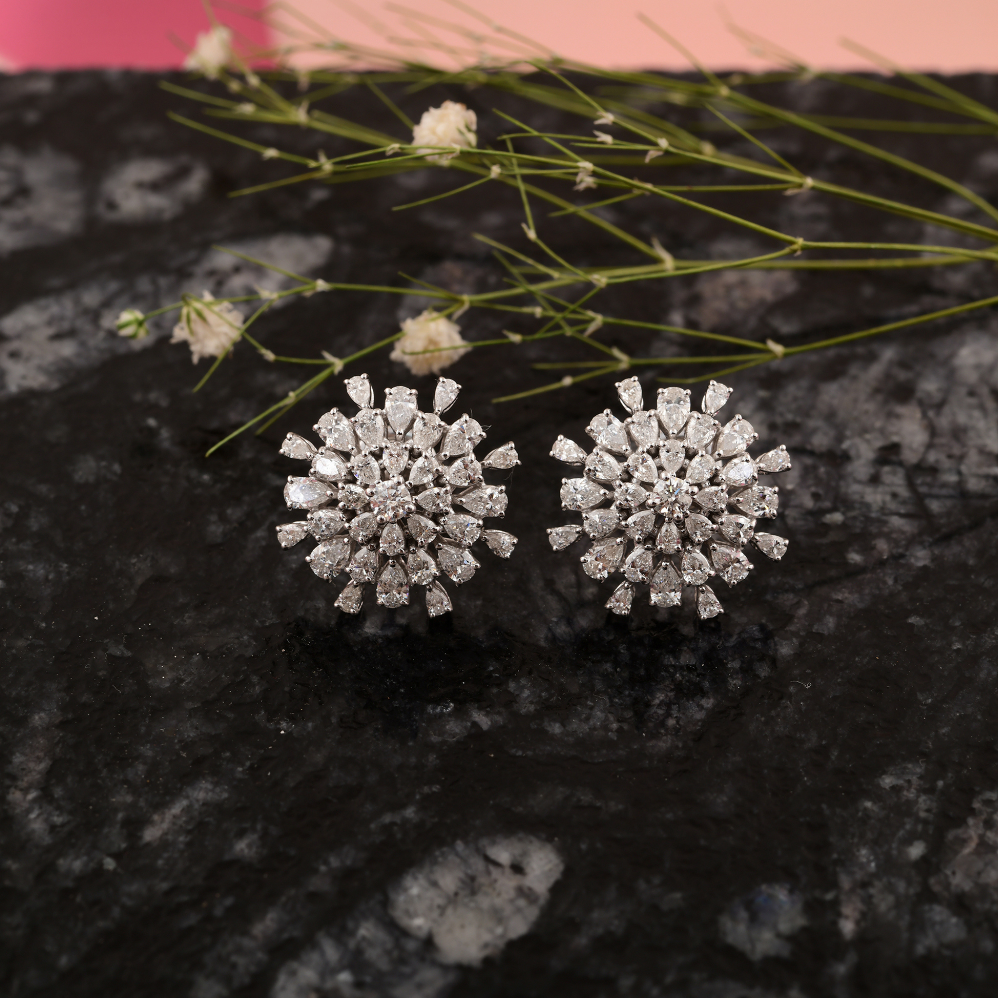 3.59 Carat Pear Cut Natural Diamond Gold Cluster Stud Earrings