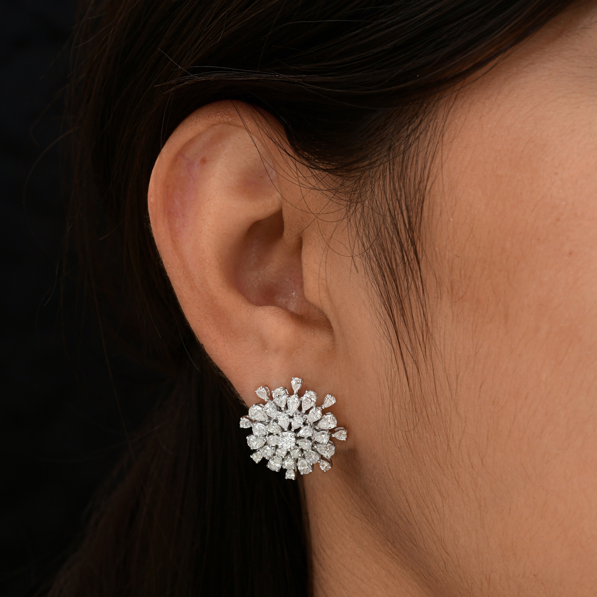 3.59 Carat Pear Cut Natural Diamond Gold Cluster Stud Earrings