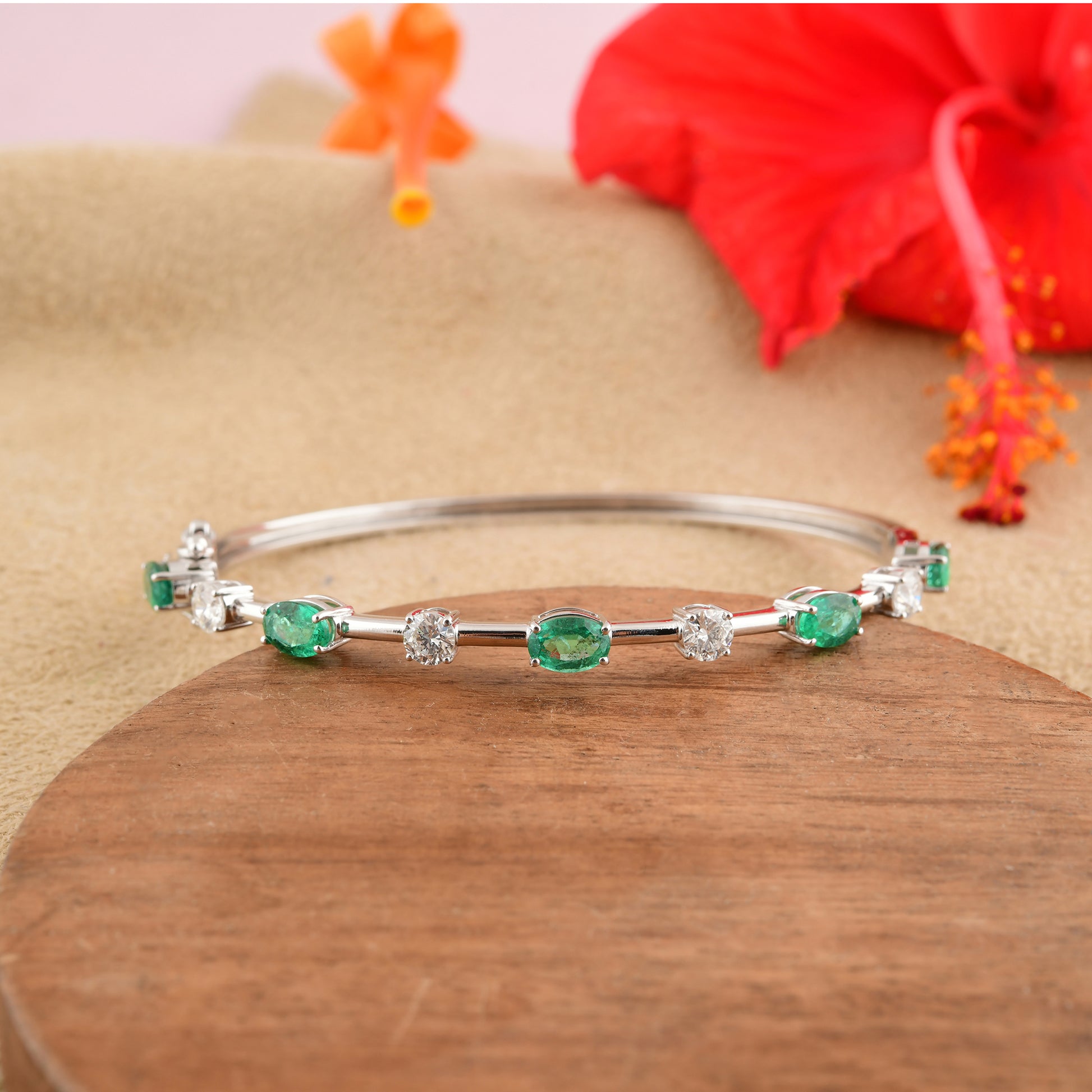 3.34Tcw Zambian Emerald Diamond Bridal Solid Gold Bangle Bracelet