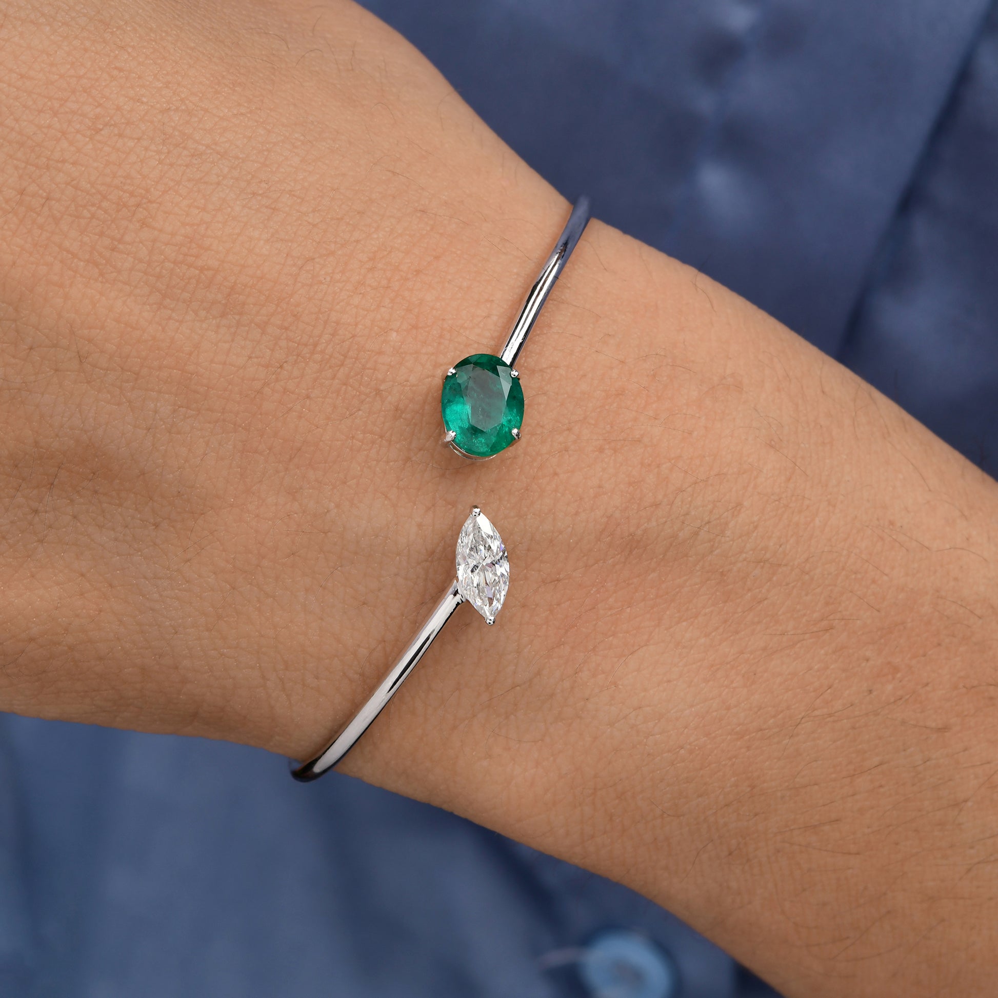 2.13Tcw Delicate Two Stone Emerald Diamond Cuff Bracelet In Solid Gold
