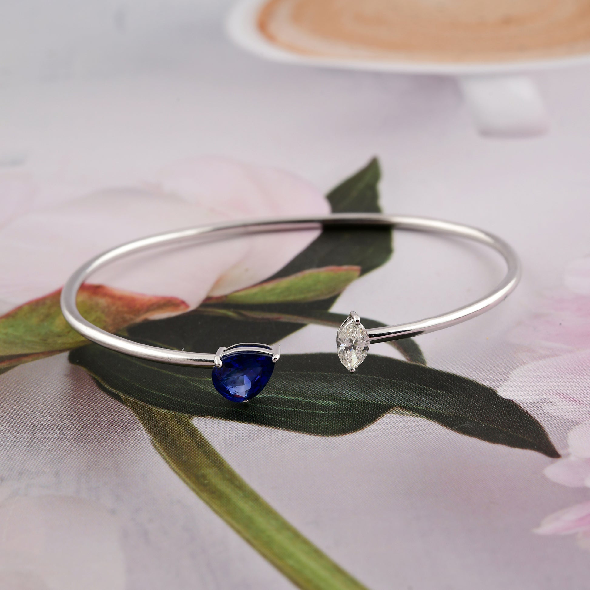 Delicate 1.71Ct Gold Two Stone Mixed Cut Blue Sapphire Diamond Open Cuff Bracelet