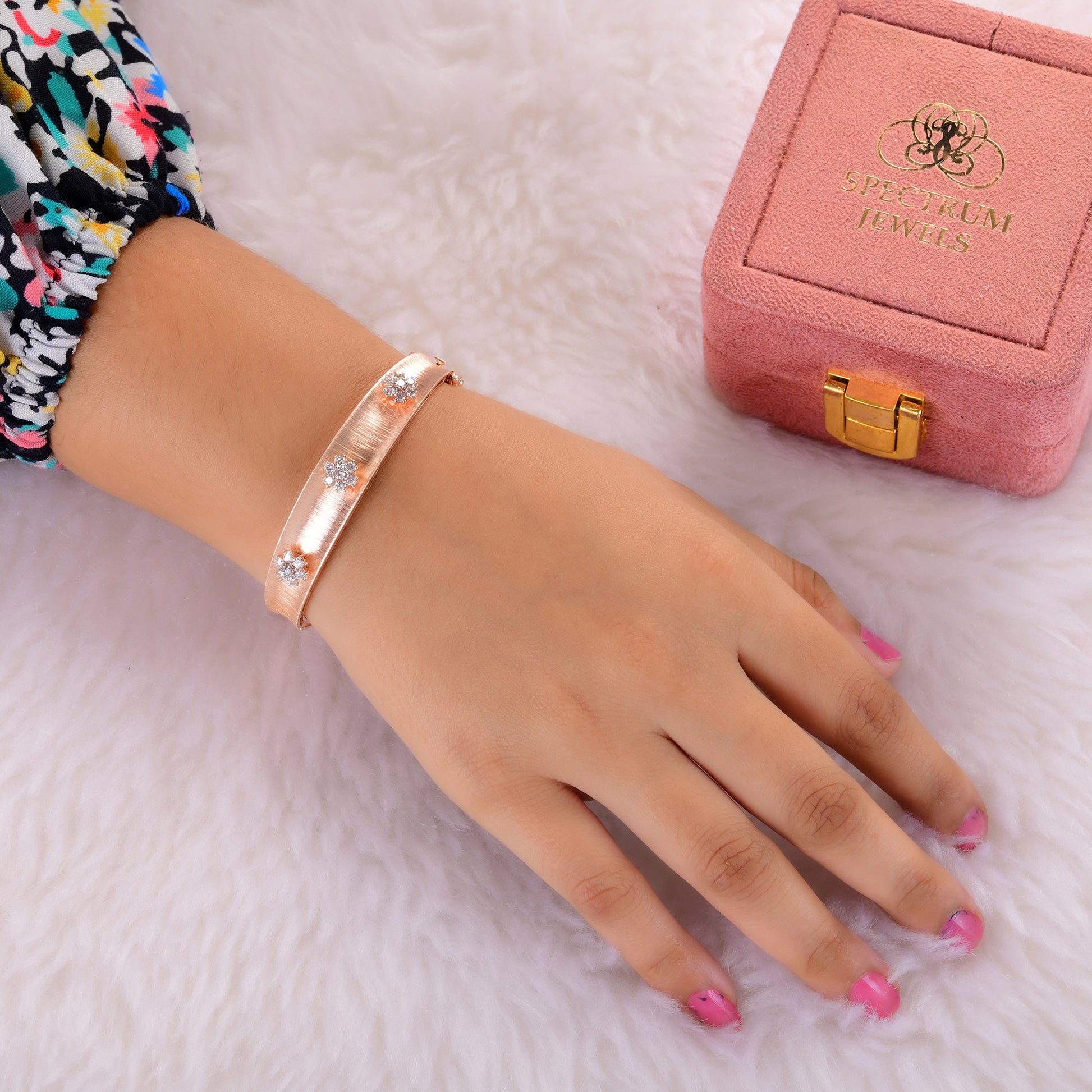 Real Solid Gold 1.03Ct Round Cut Wide Studded Diamond Bangle Bracelet