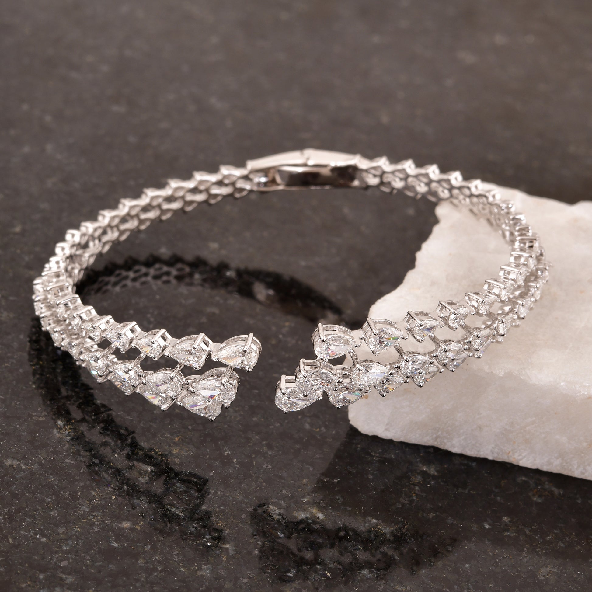 Pear Cut Triple Layer SI/HI Diamond Wide Band Bangle Bracelet In Solid Gold
