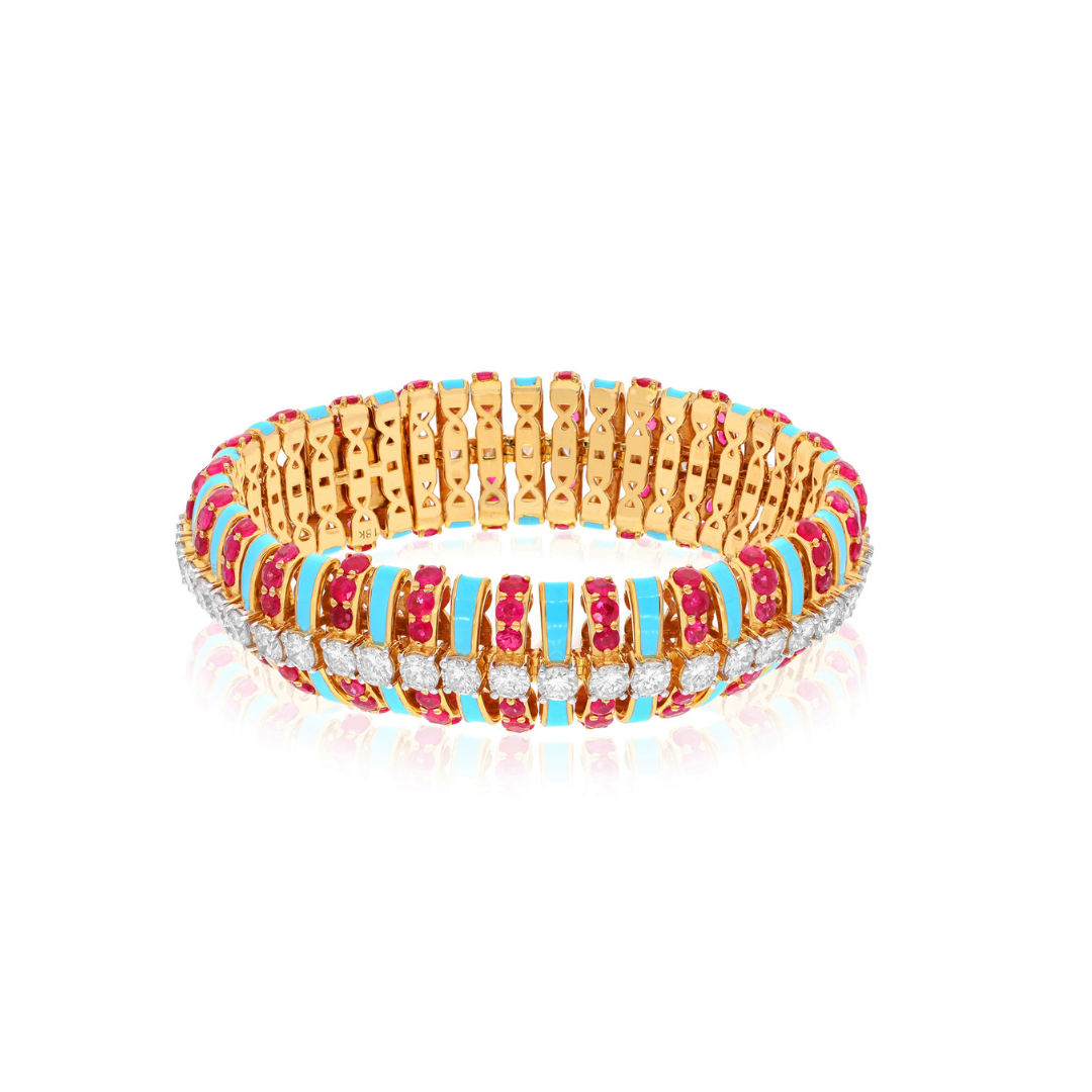 Turquoise Enamel Natural Ruby Gemstone & Diamond Gold Bracelet