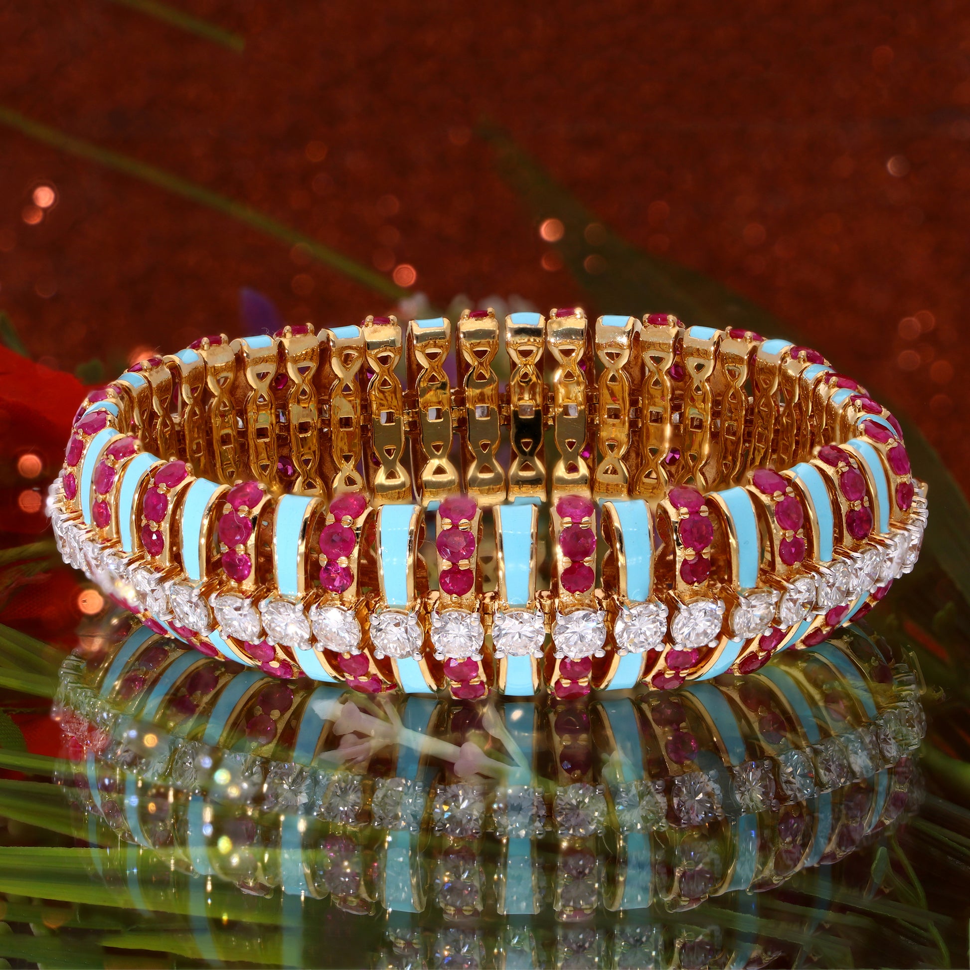 Turquoise Enamel Natural Ruby Gemstone & Diamond Gold Bracelet