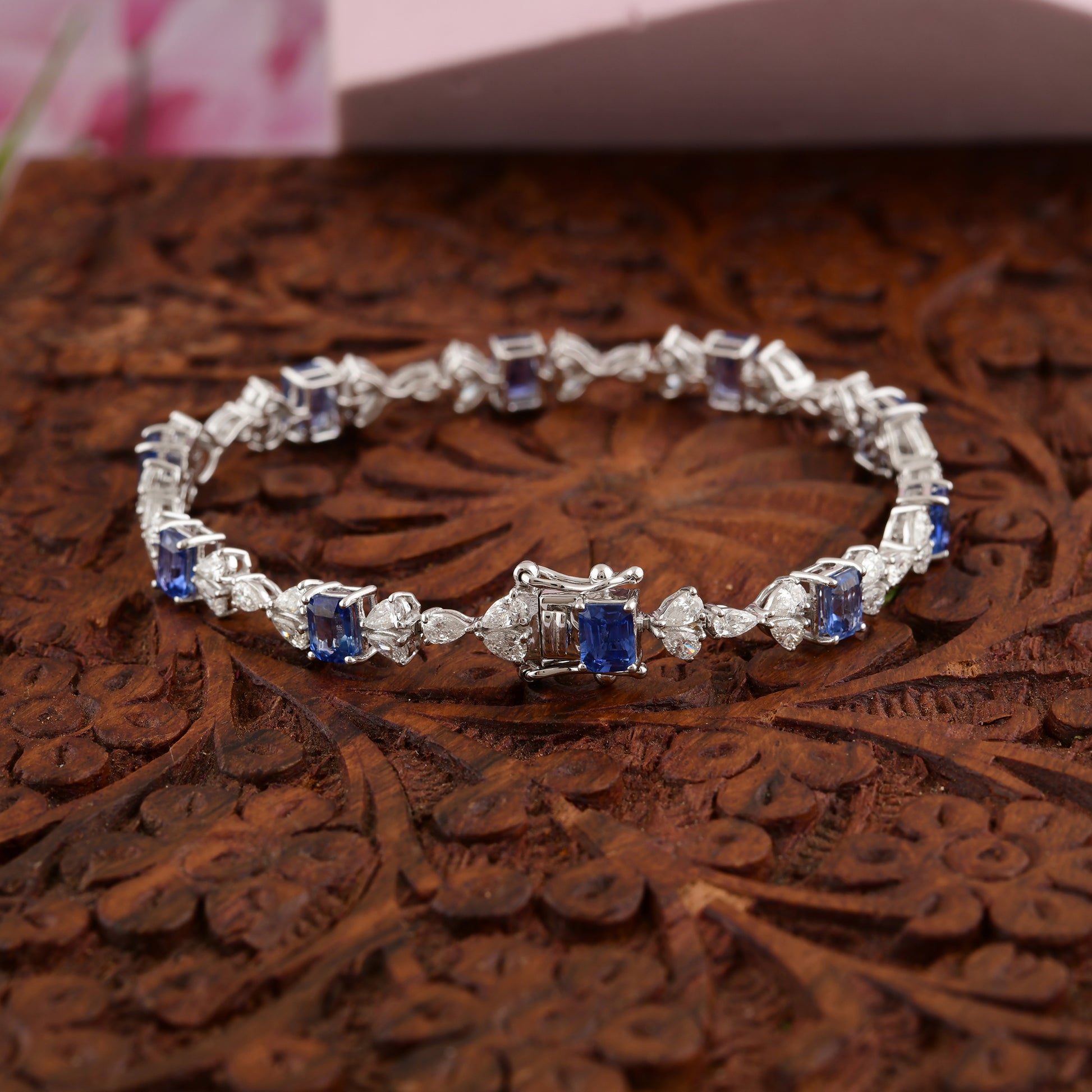 10.01 Tcw Natural Diamond Blue Sapphire Gemstone Gold Bracelet