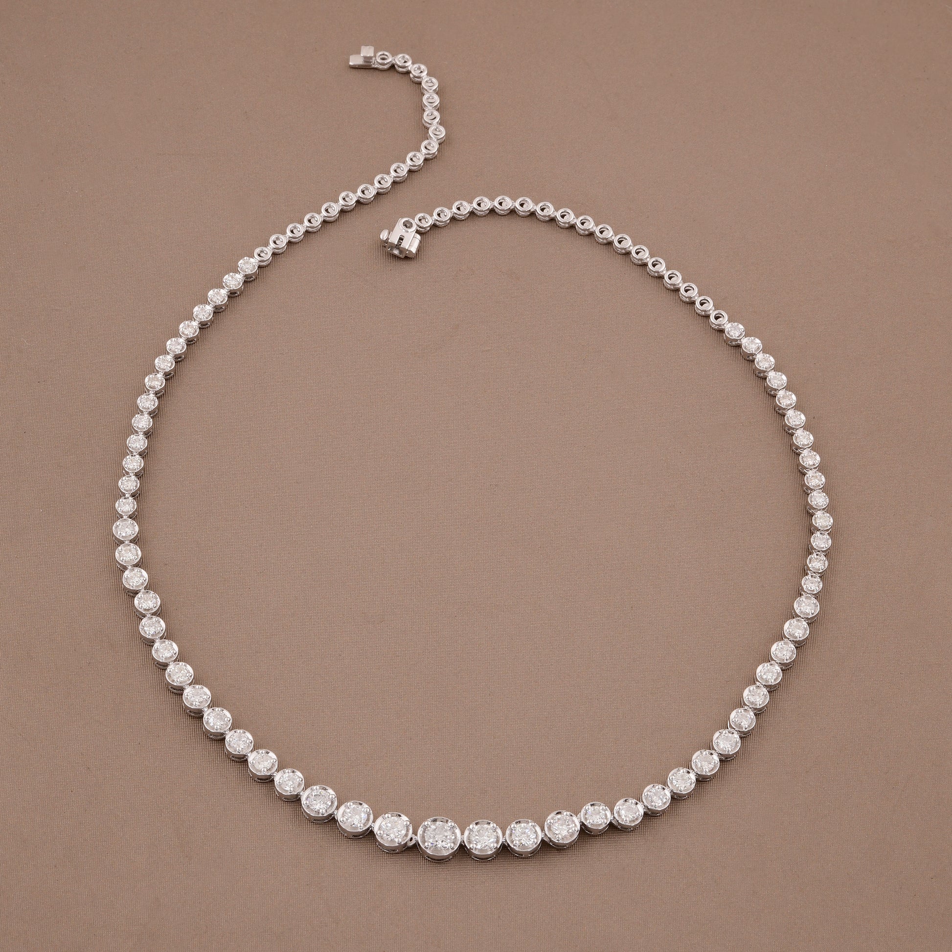 Fine Gold Tennis Necklace with Hand Set Round Cut Natural Diamonds