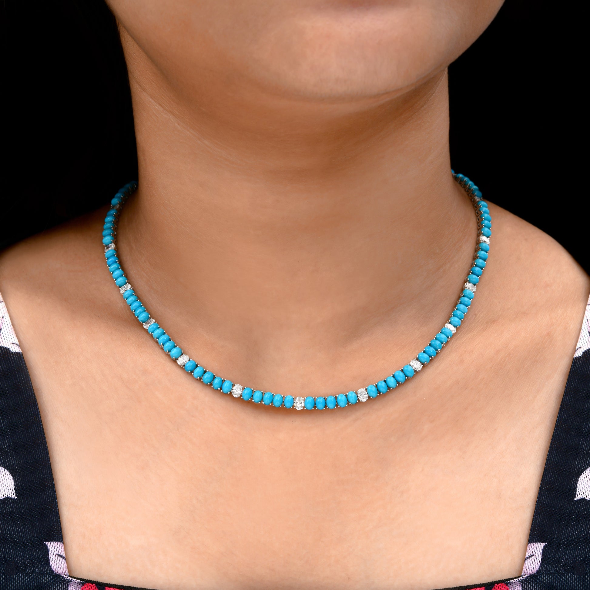 Turquoise Gemstone SI Clarity HI Color Natural Diamond Chain Necklace
