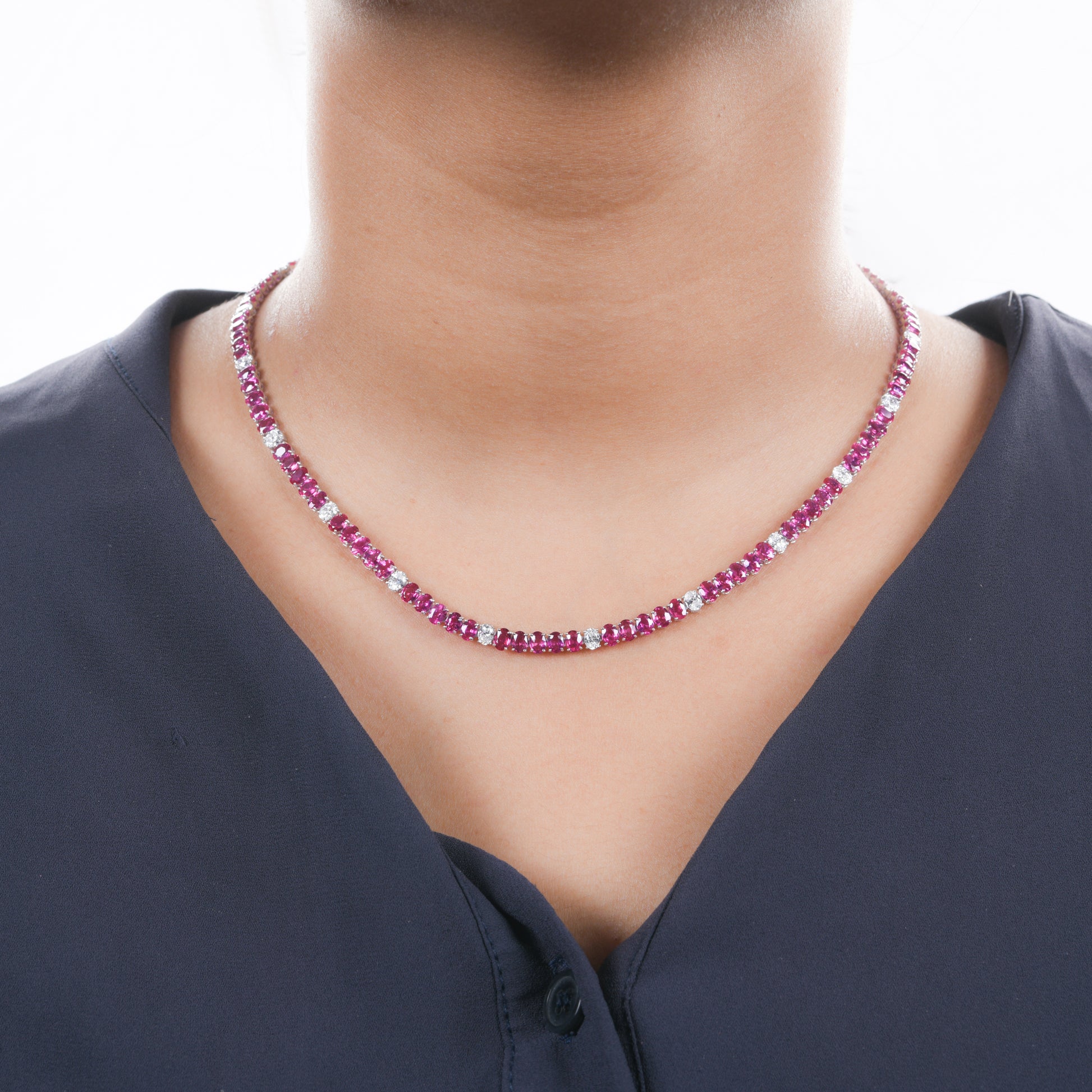 23.57 Tcw Oval Cut Natural Diamond Ruby Gemstone Tennis Necklace