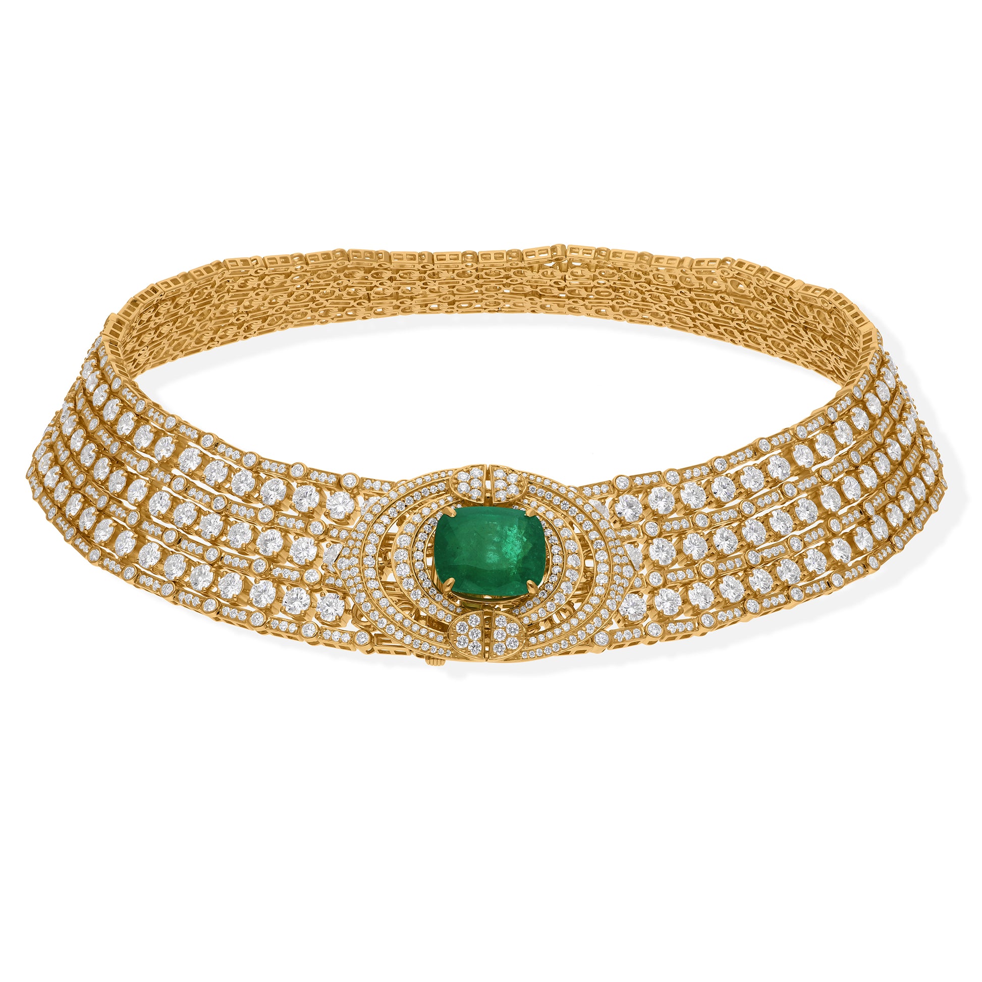 Vintage Inspired  Zambian Emerald and Diamond Gold Choker Necklace