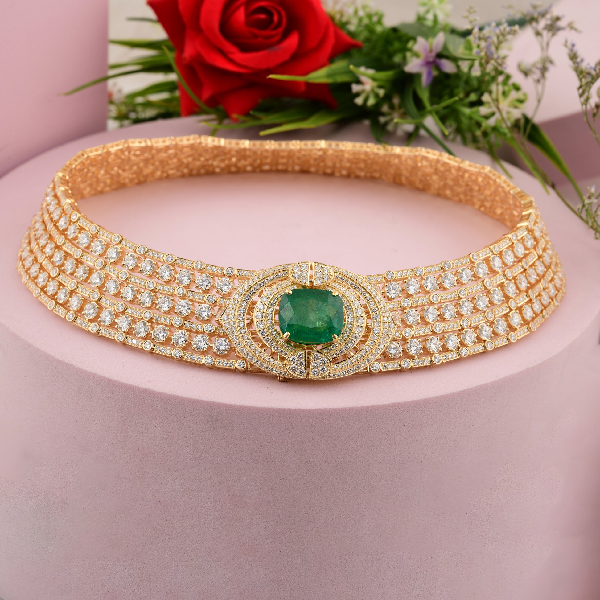 Vintage Inspired  Zambian Emerald and Diamond Gold Choker Necklace