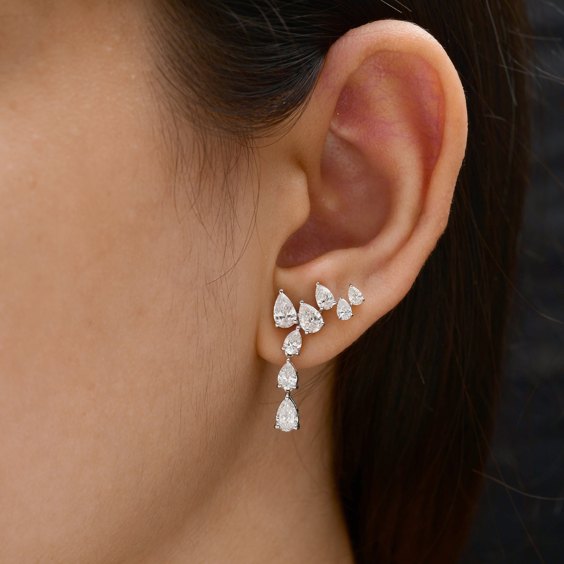 Natural Diamond Pear Cut Cluster Climber Stud Earrings