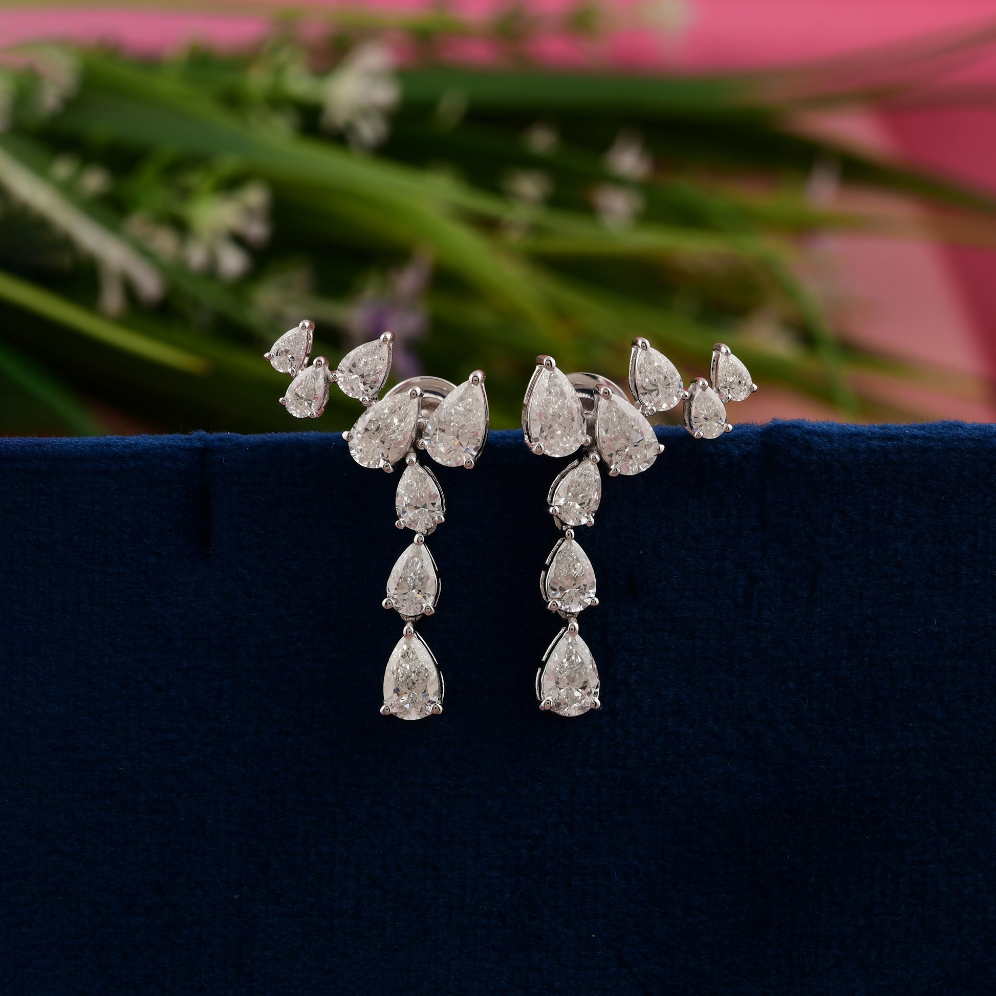 Natural Diamond Pear Cut Cluster Climber Stud Earrings