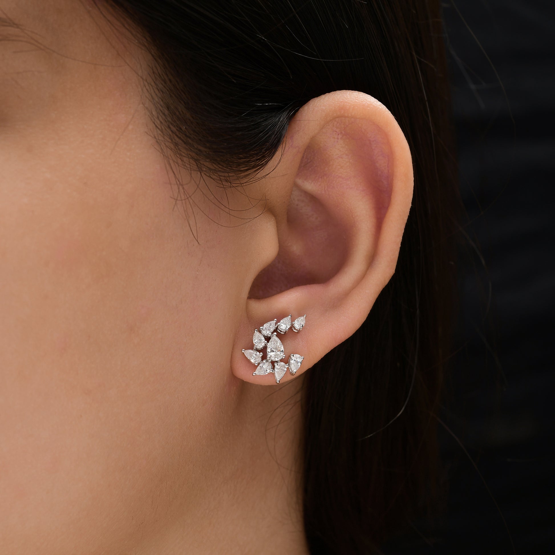 Pear Cut SI Clarity HI Color Real Diamond Cluster Stud Earrings