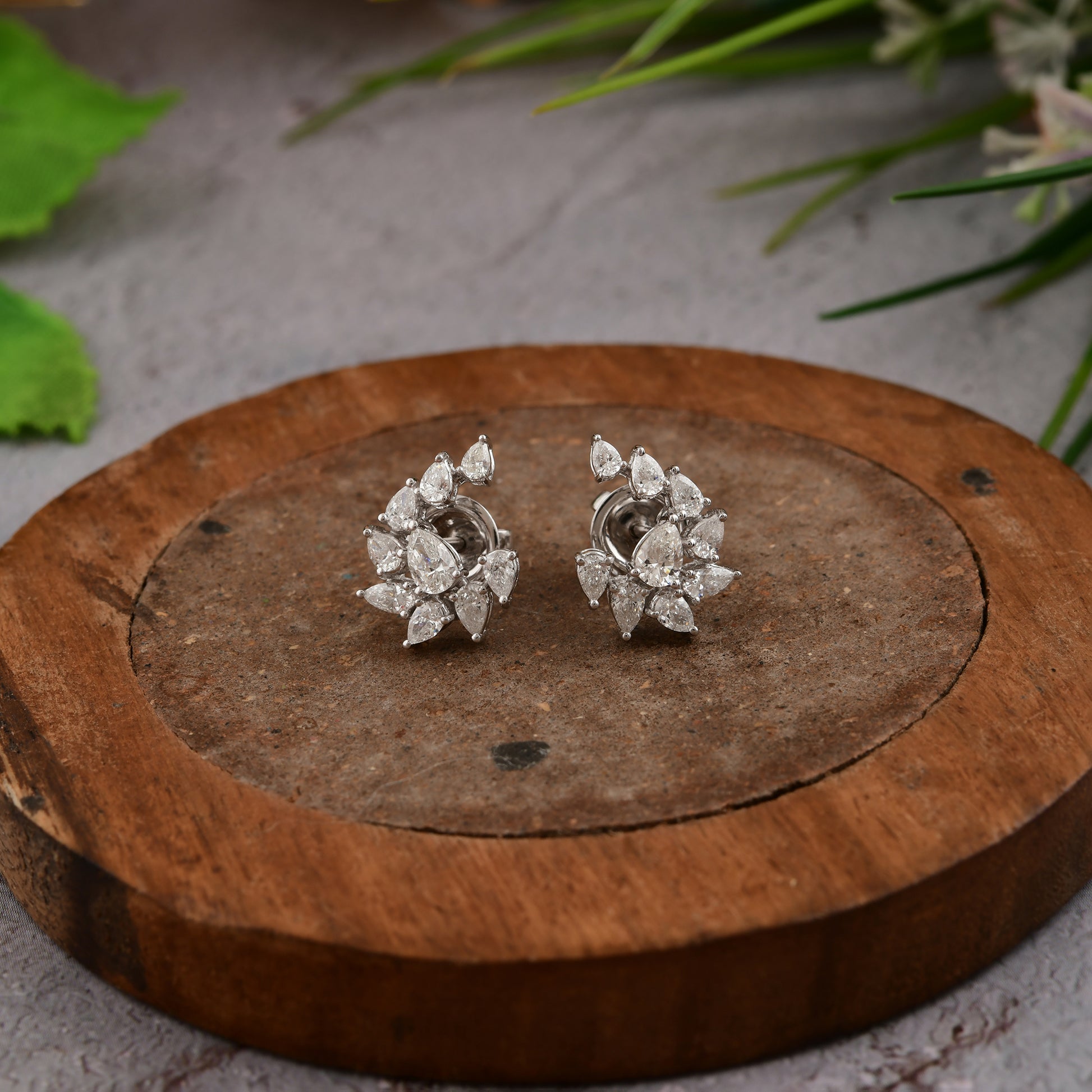 Pear Cut SI Clarity HI Color Real Diamond Cluster Stud Earrings