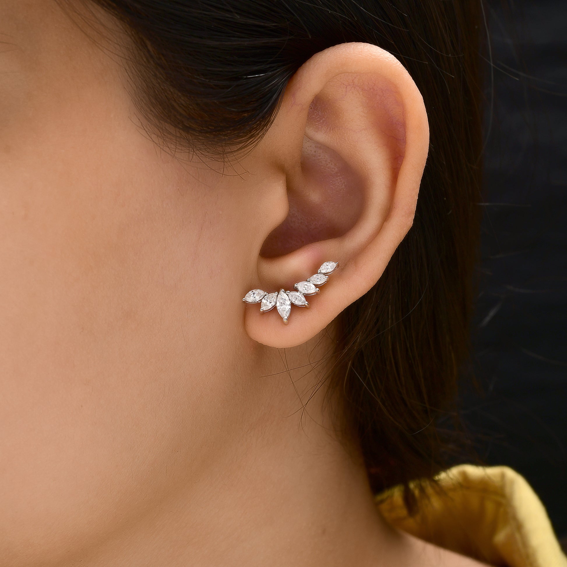 Marquise Cut Cluster Diamond Gold Climber Earrings