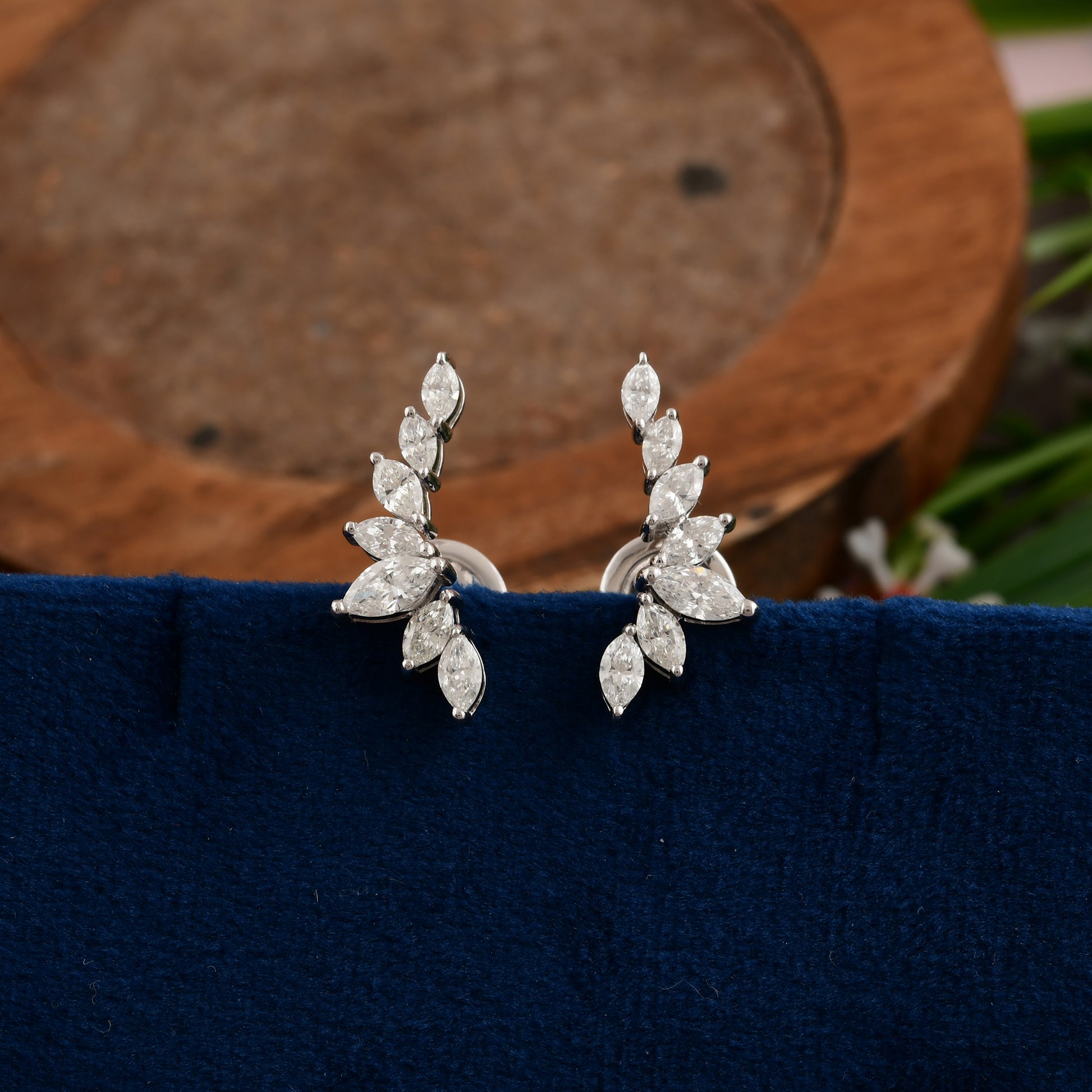 Marquise Cut Cluster Diamond Gold Climber Earrings
