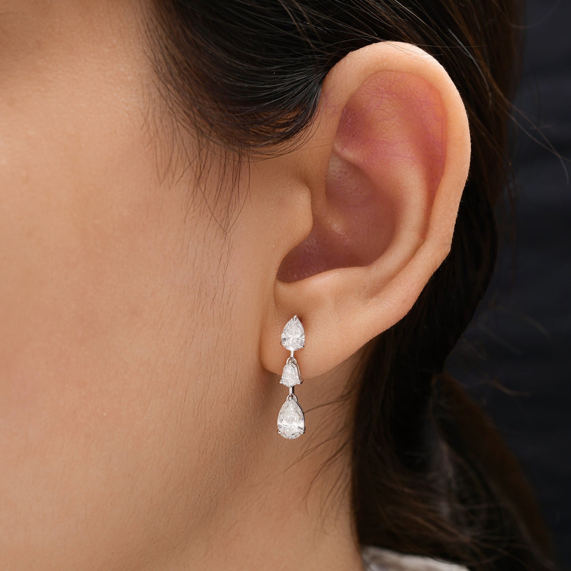 Three Stone Pear Cut Natural Diamond Stud Earrings