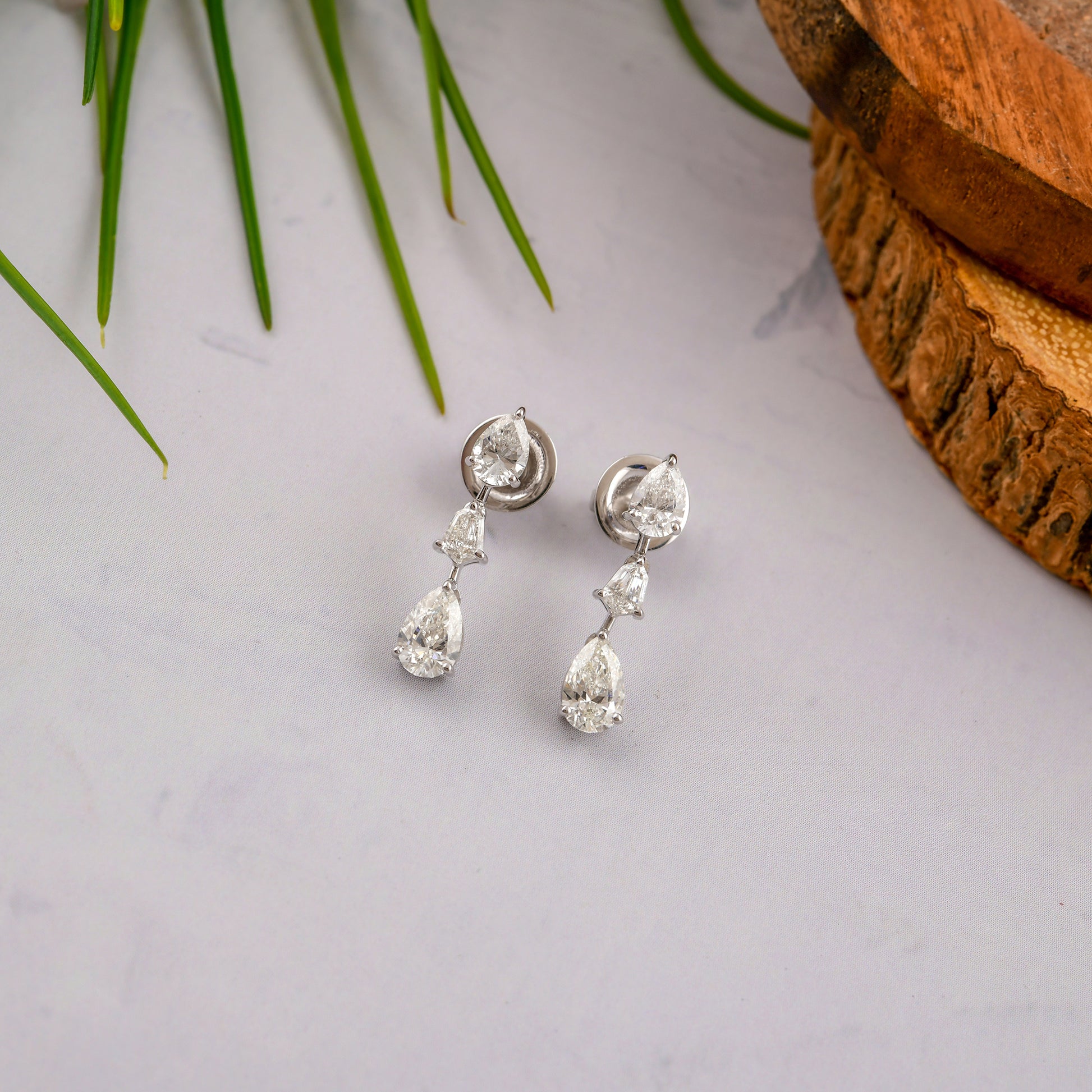 Three Stone Pear Cut Natural Diamond Stud Earrings