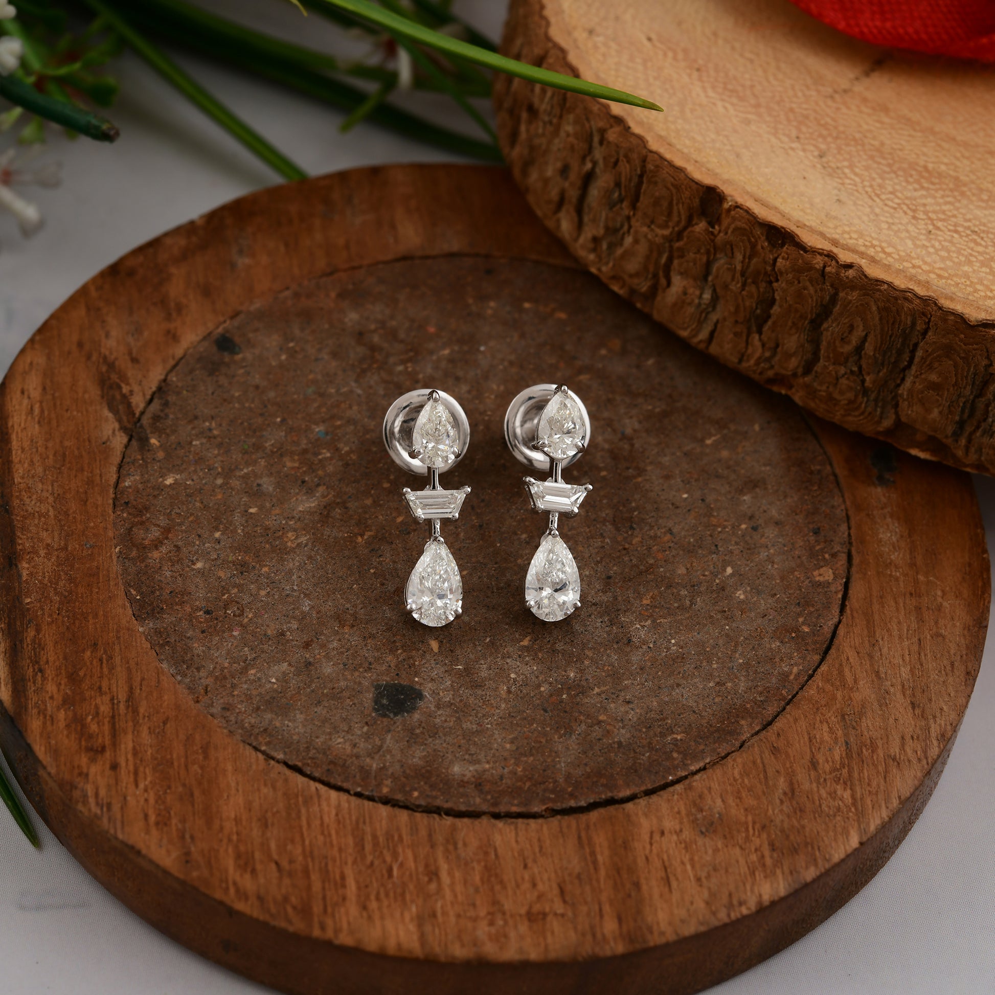Pear and Baguette Cut Real Diamond Stud Earrings
