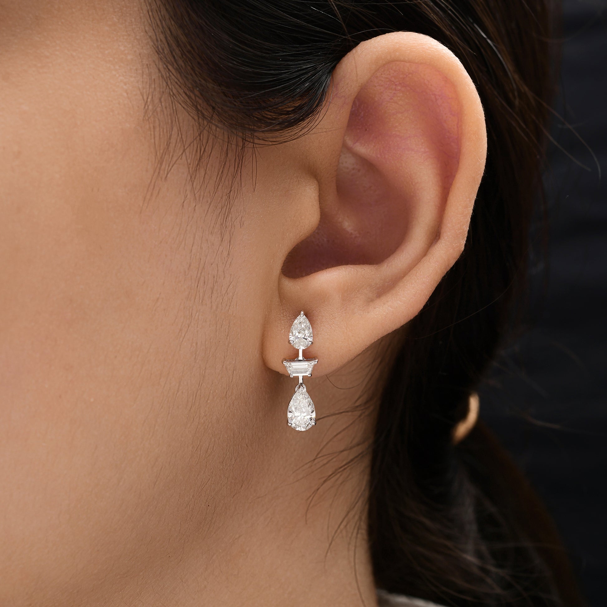 Pear and Baguette Cut Real Diamond Stud Earrings