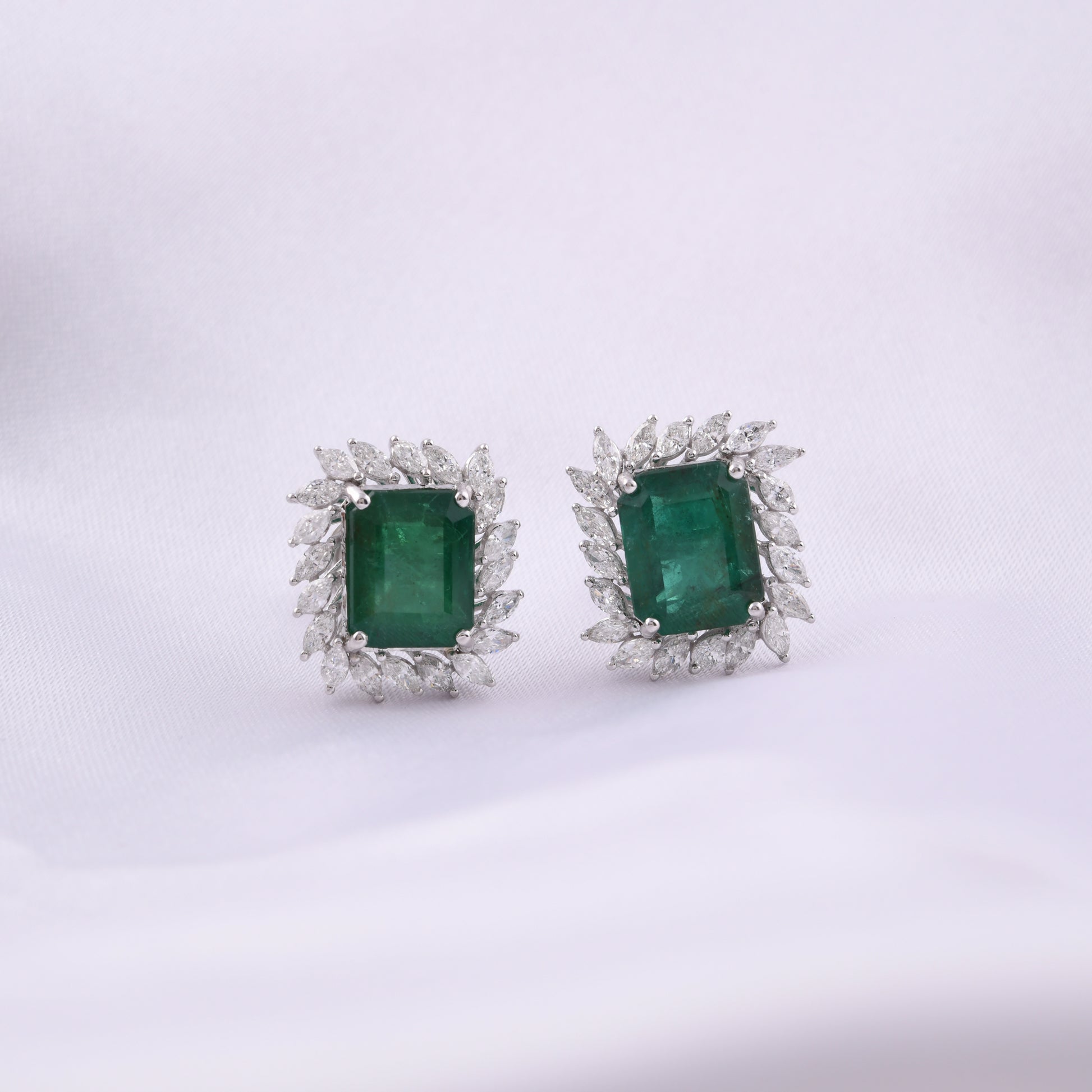 Octagon Cut 7.55TCW Zambian Emerald Halo Diamond Fine Gold Stud Earrings for Women