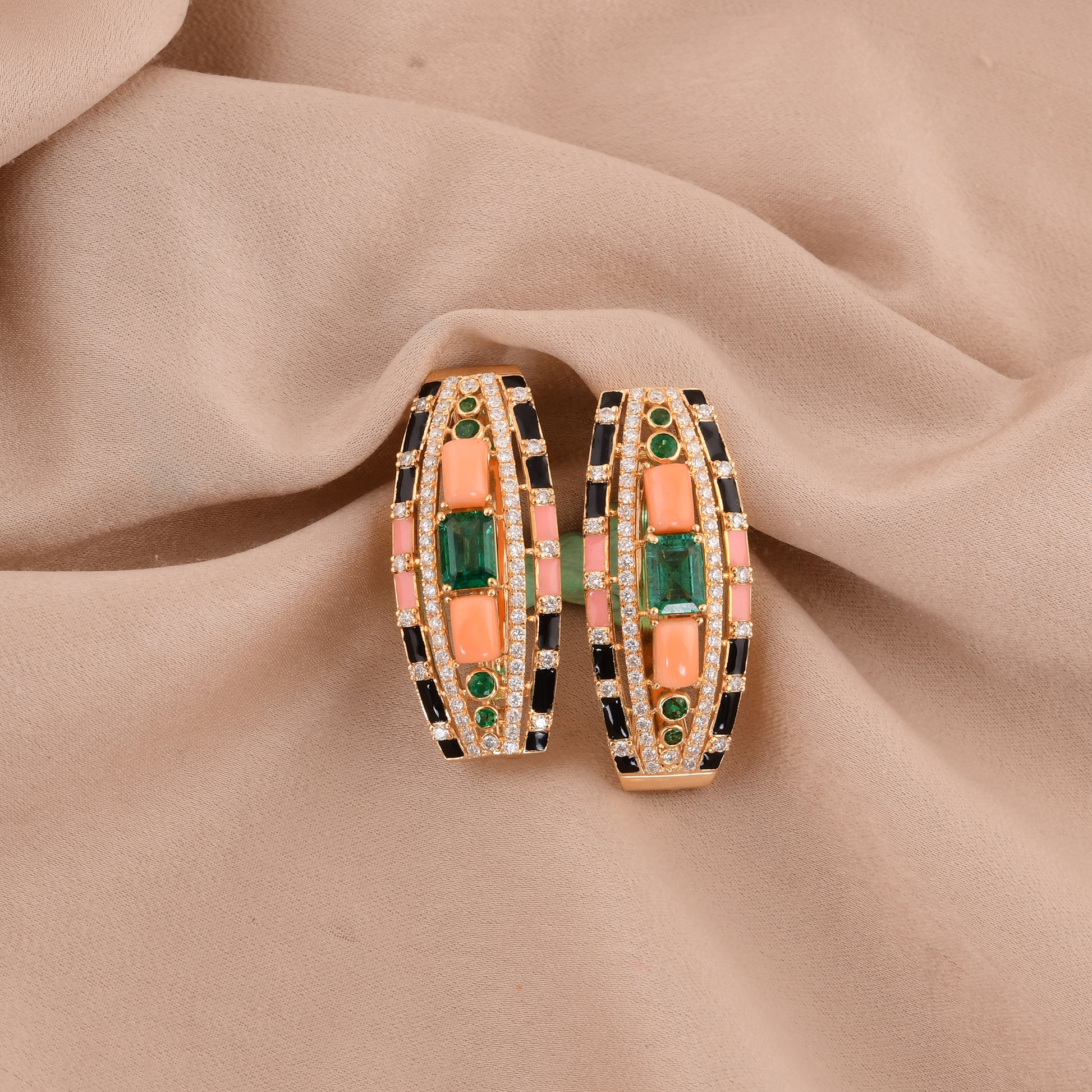 6.72 Tcw Zambian Emerald Coral H/SI Diamond Enamel Earrings