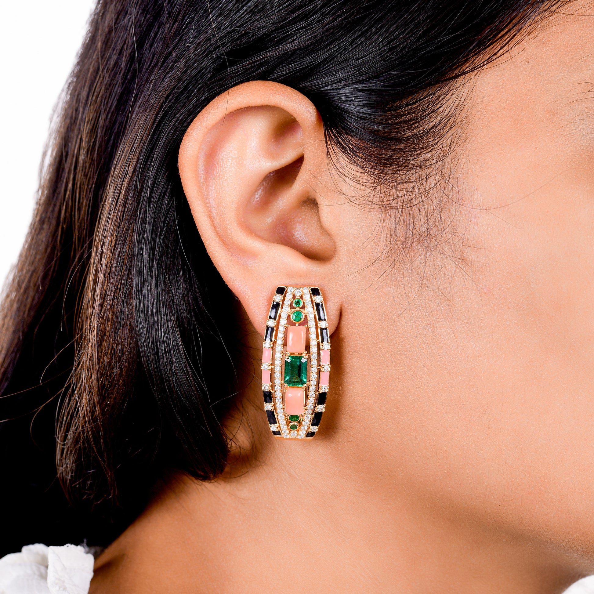 6.72 Tcw Zambian Emerald Coral H/SI Diamond Enamel Earrings