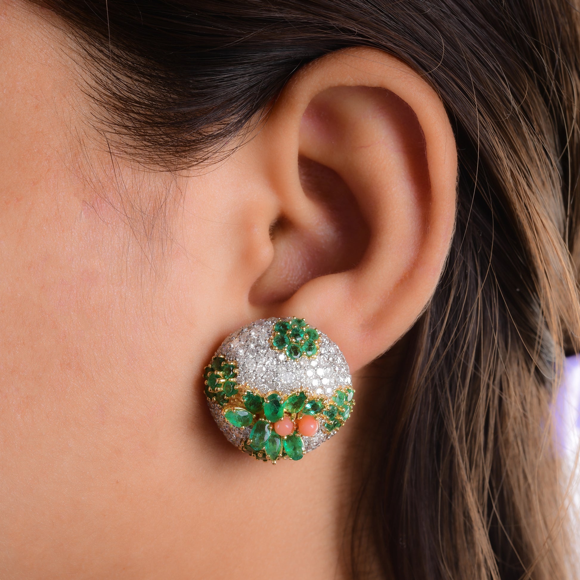 Zambian Emerald HI/SI Diamond Gold Coral Gemstone Stud Earrings 12.40 Tcw