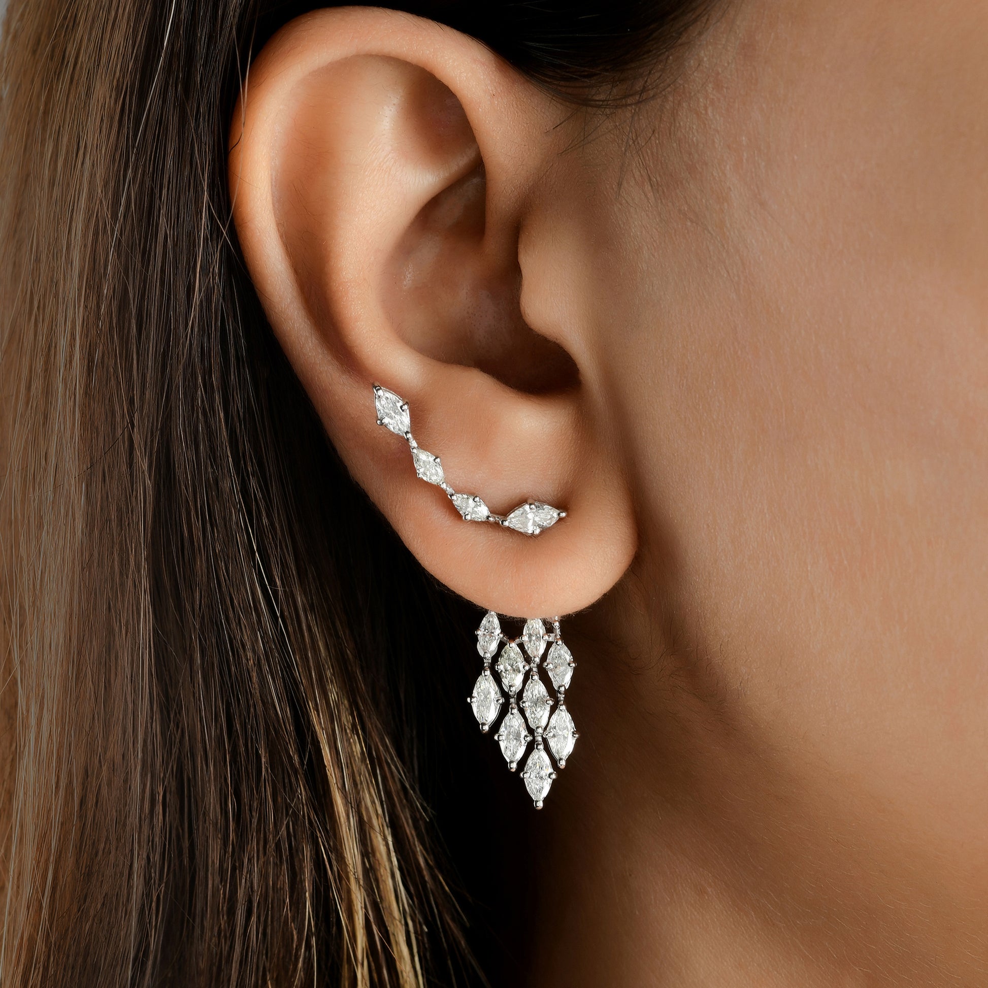 3.30 Ct H/SI Marquise Cut Cluster Diamond Jacket Earrings