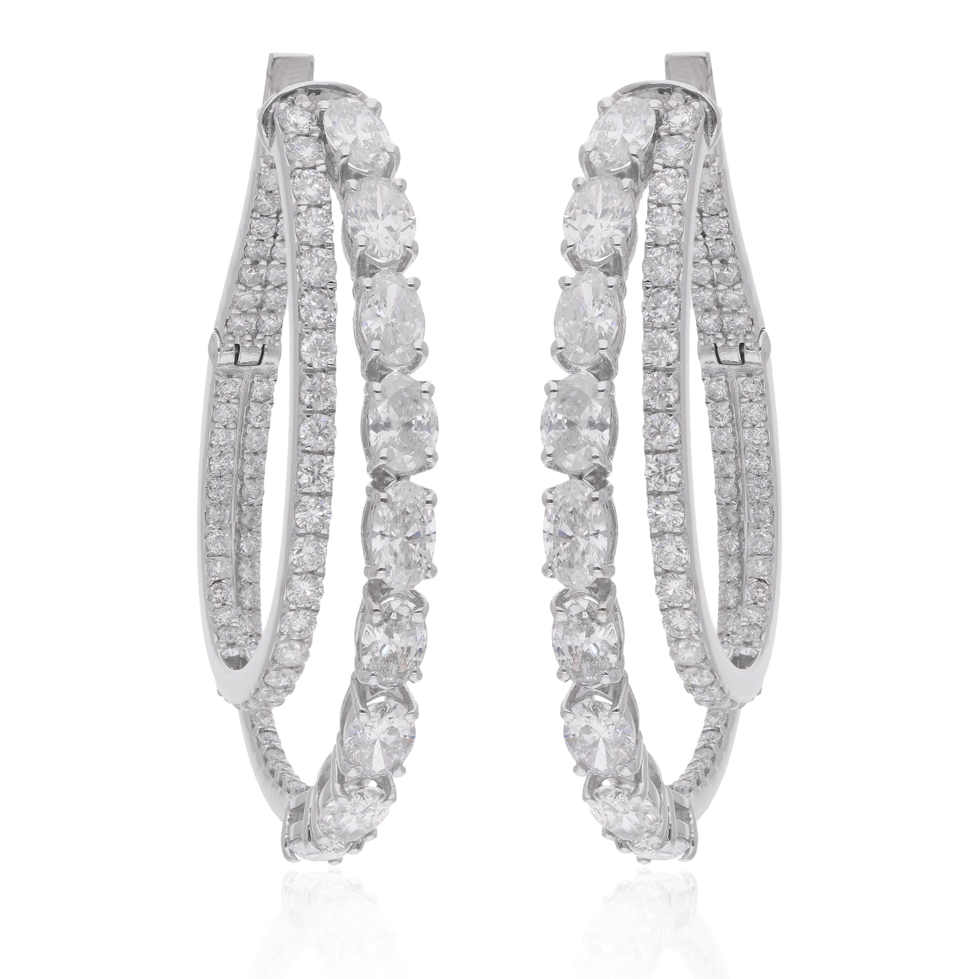Double Row Oval Pave Diamond Hoop Gold Earrings