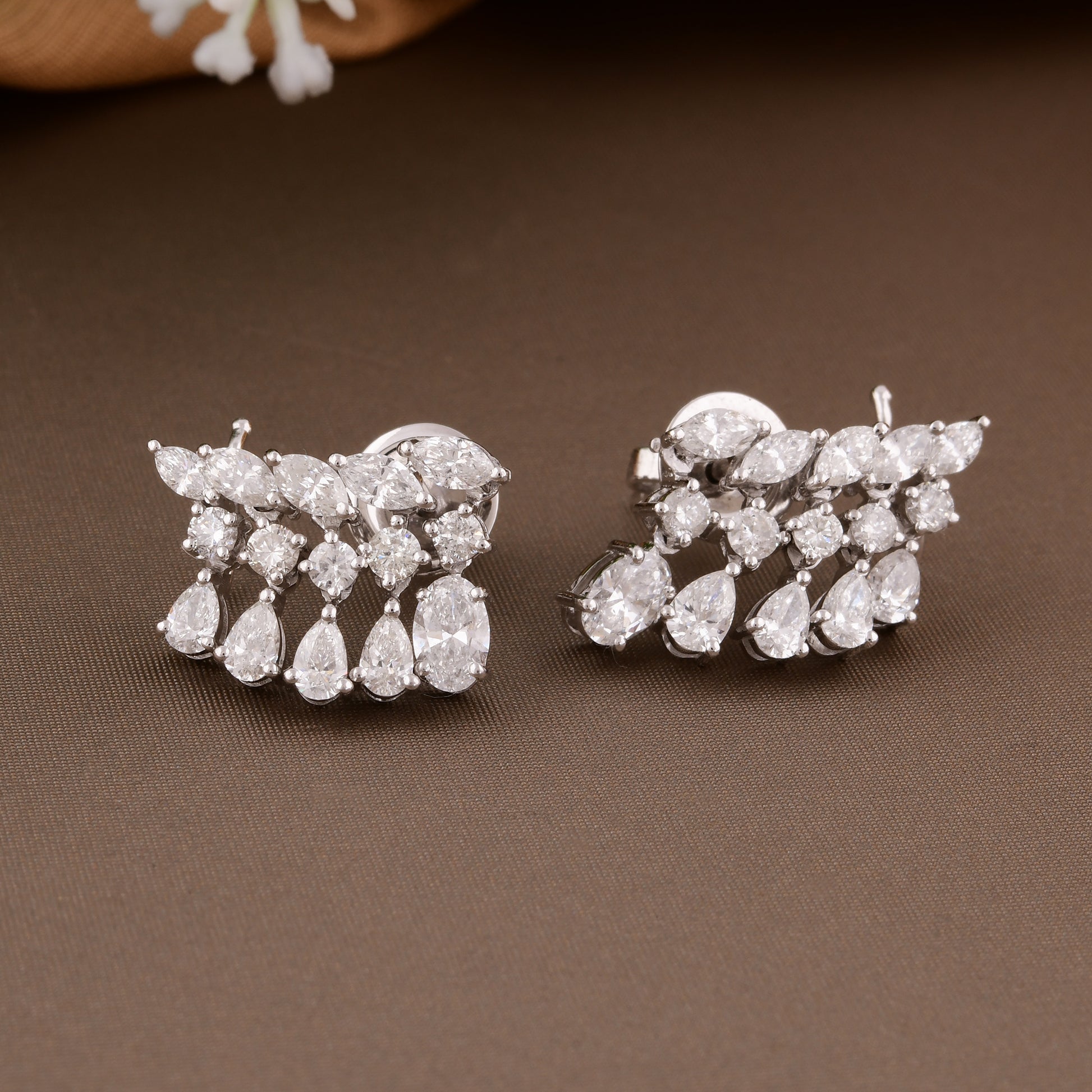 Handcrafted Pear Round Diamond 2.57 Carat Geometric Cluster Stud Earrings