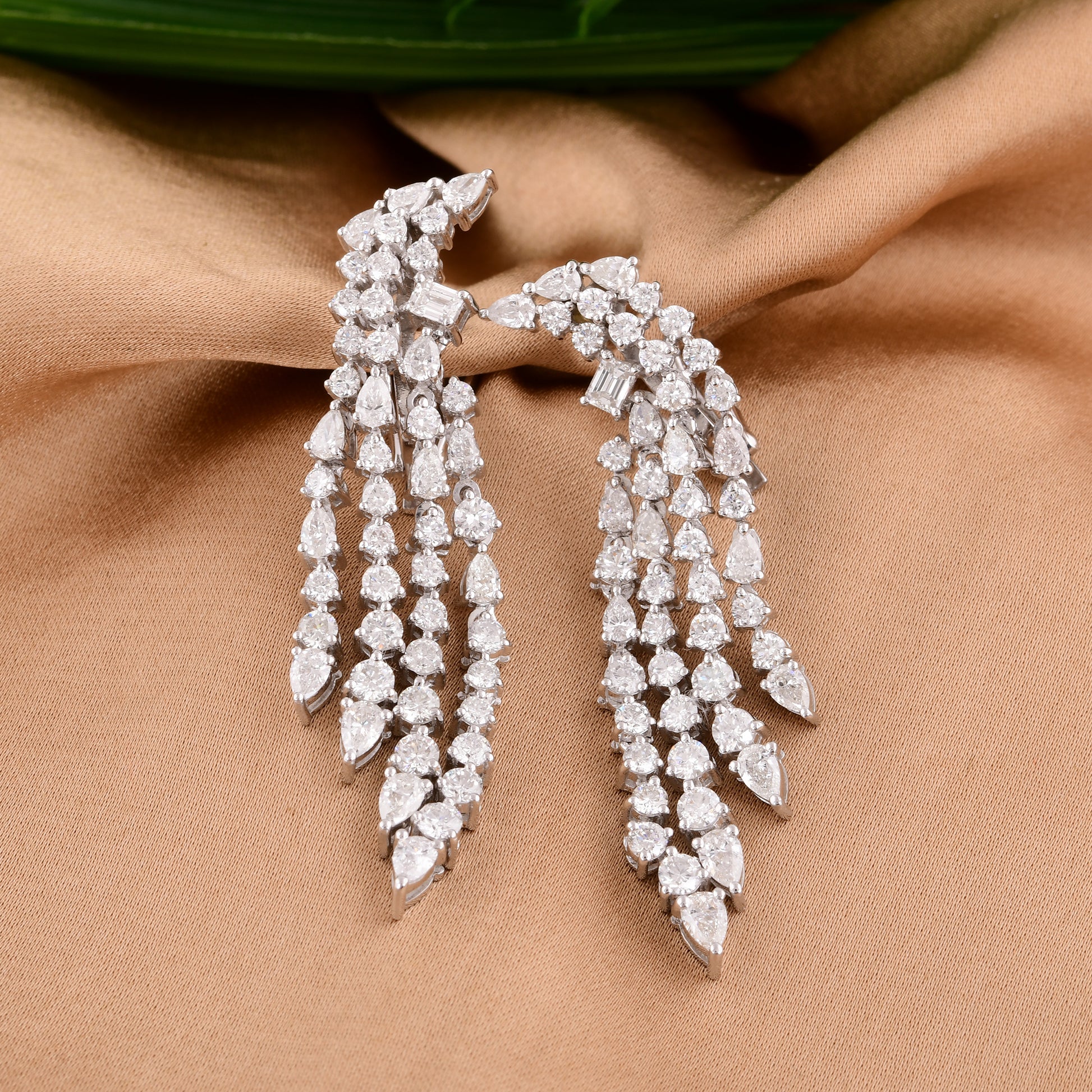 Handcrafted Fine Gold Multi Row Mixed Cut 4.61Ct Diamond Statement Chandelier Clip-On Earrings
