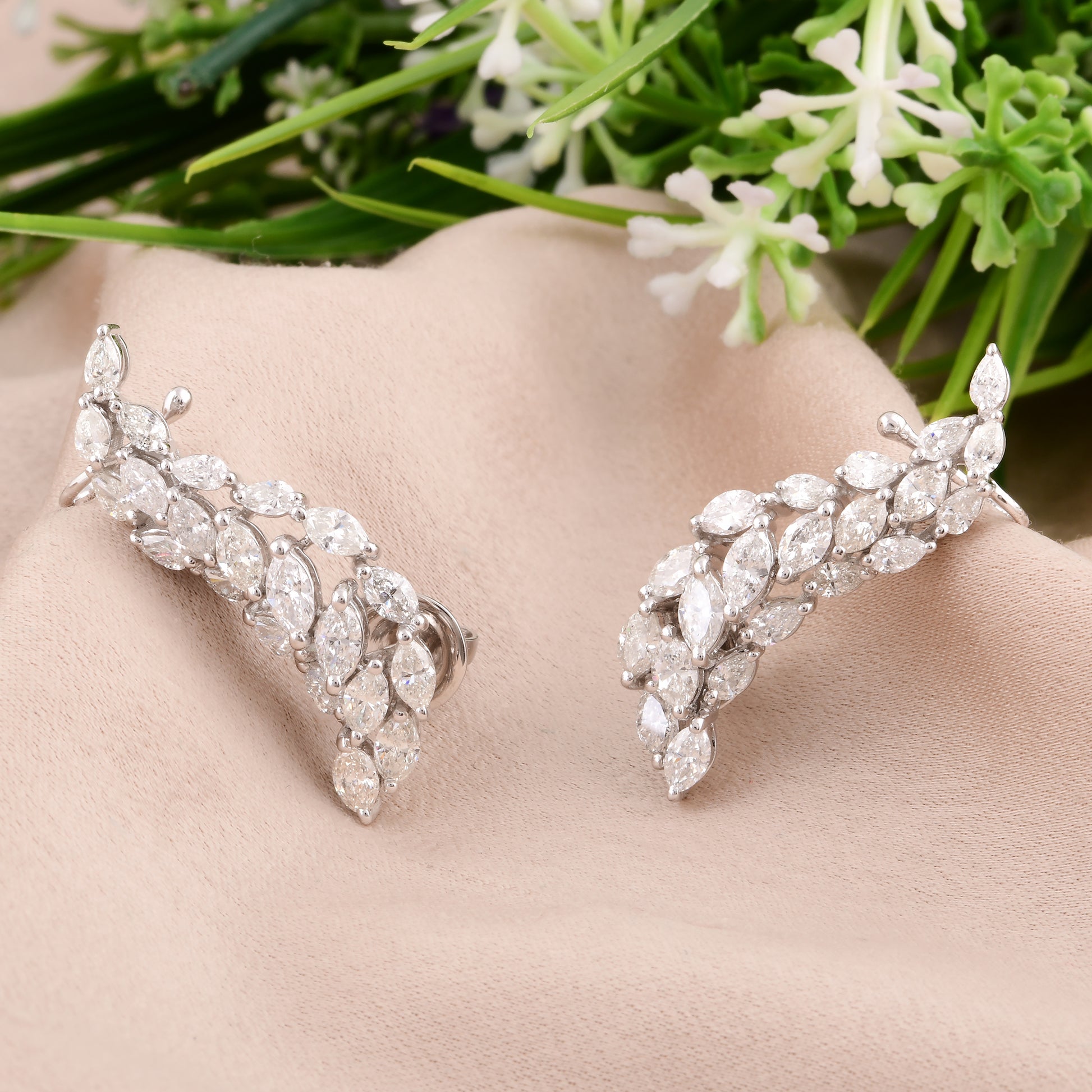 Vine Style Marquise Cut 2.91Ct. Natural Diamond Ear Climber Earrings