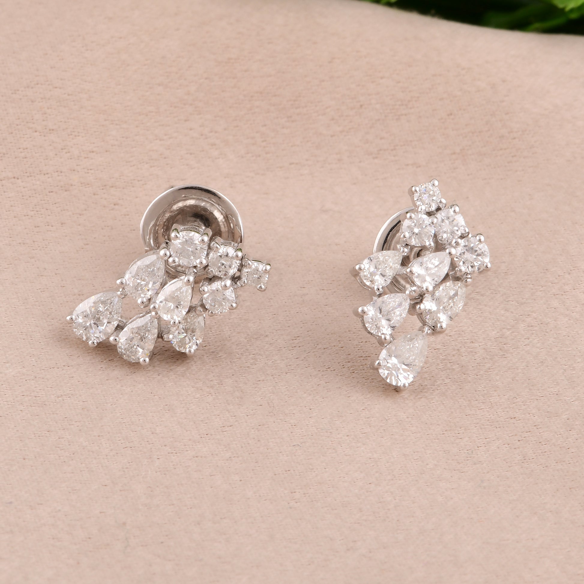 Dazzling 1.11Ct Round & Pear Shaped Cluster Diamond Drop Stud Earrings