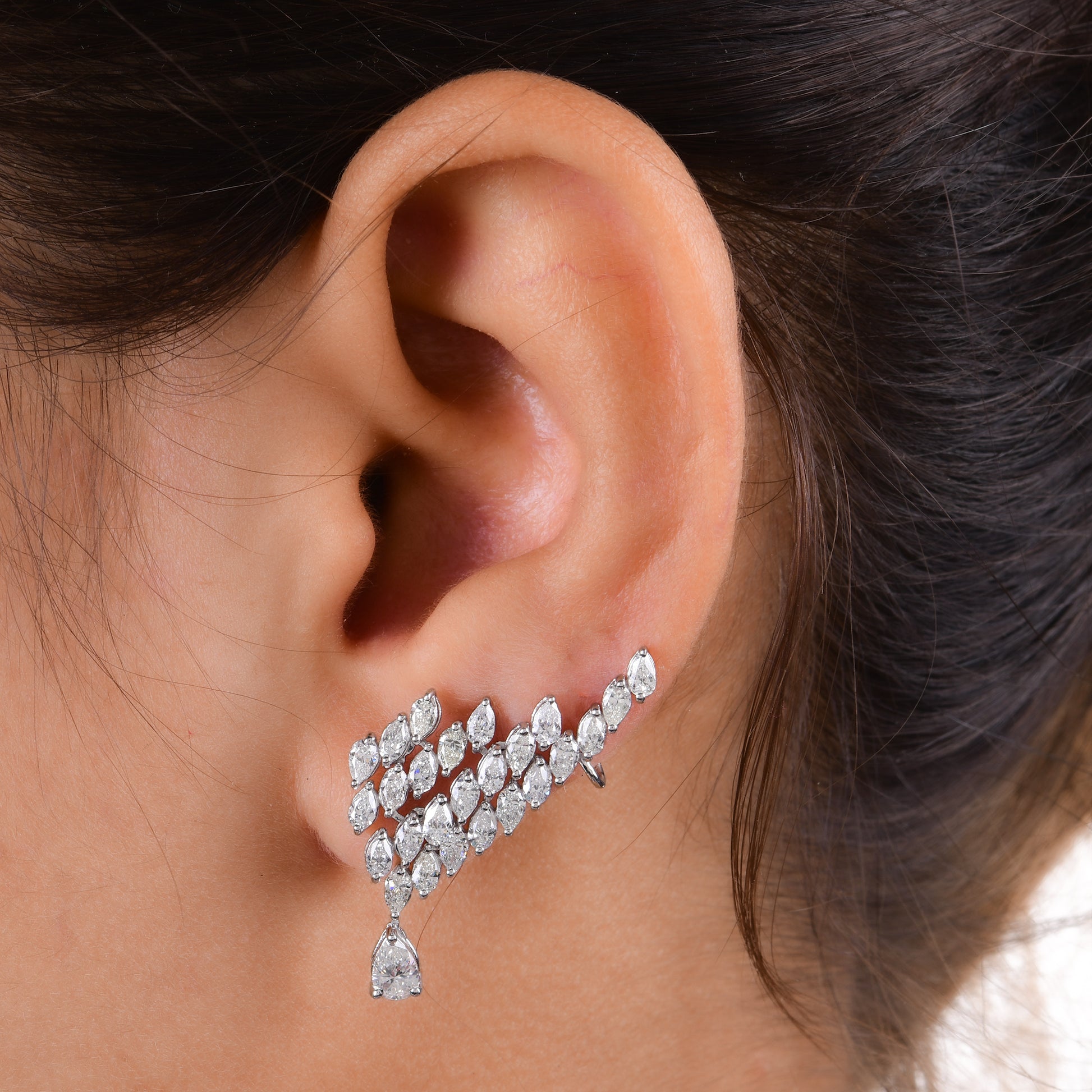 Fine 3.36Ct Marquise Cut Natural Diamond Pear Drop Cluster Earrings